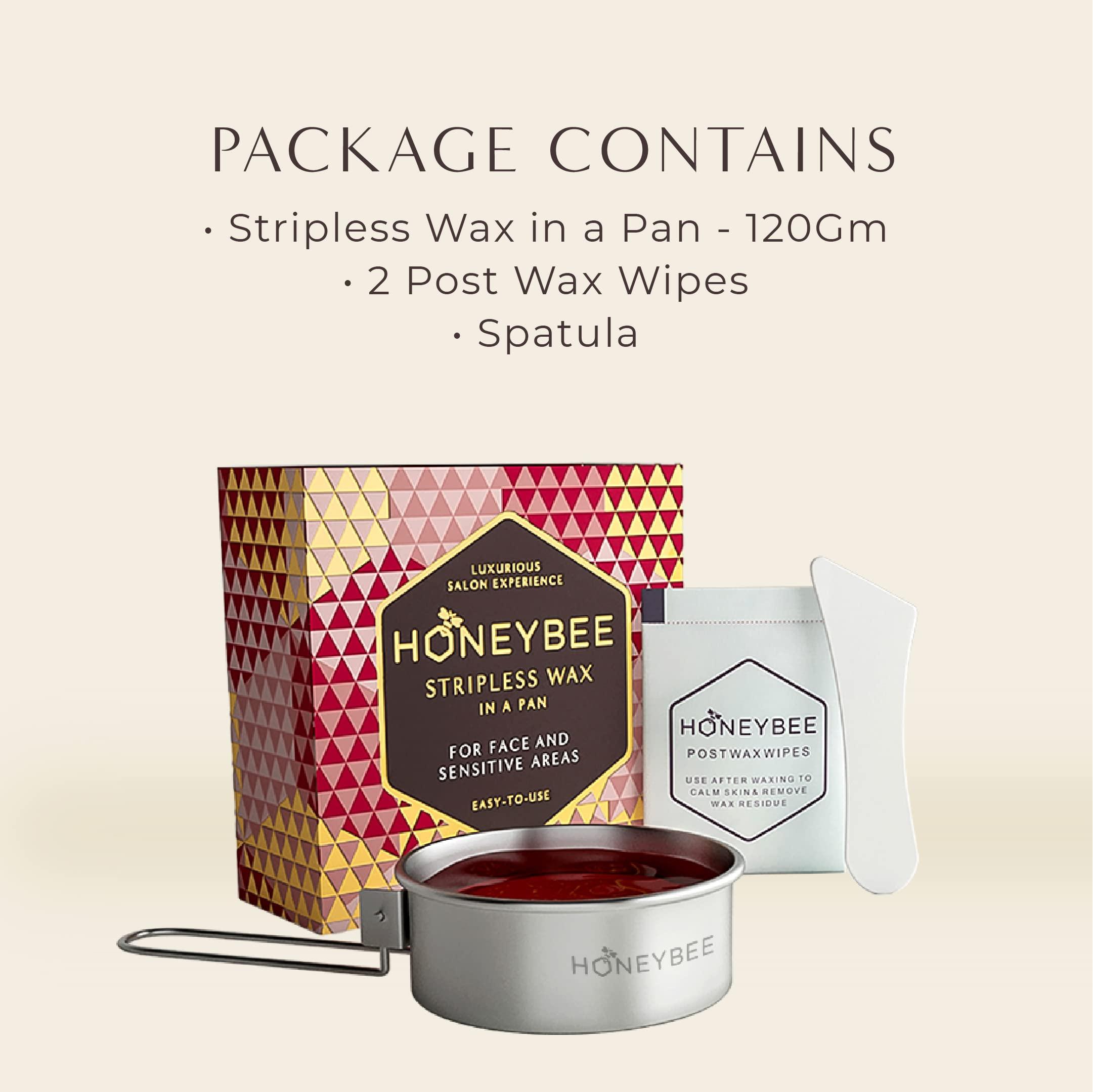 HoneyBee HoneyBee Stripless Katori Wax For Face|Pan Wax With Handle For Face, Upper Lip, Chin, Jaw, Underarms, Bikini And Brazilian|For All Skin Type|No-Strip Wax At Home|Post Wax Wipes|Spatula|120 Gm, Women