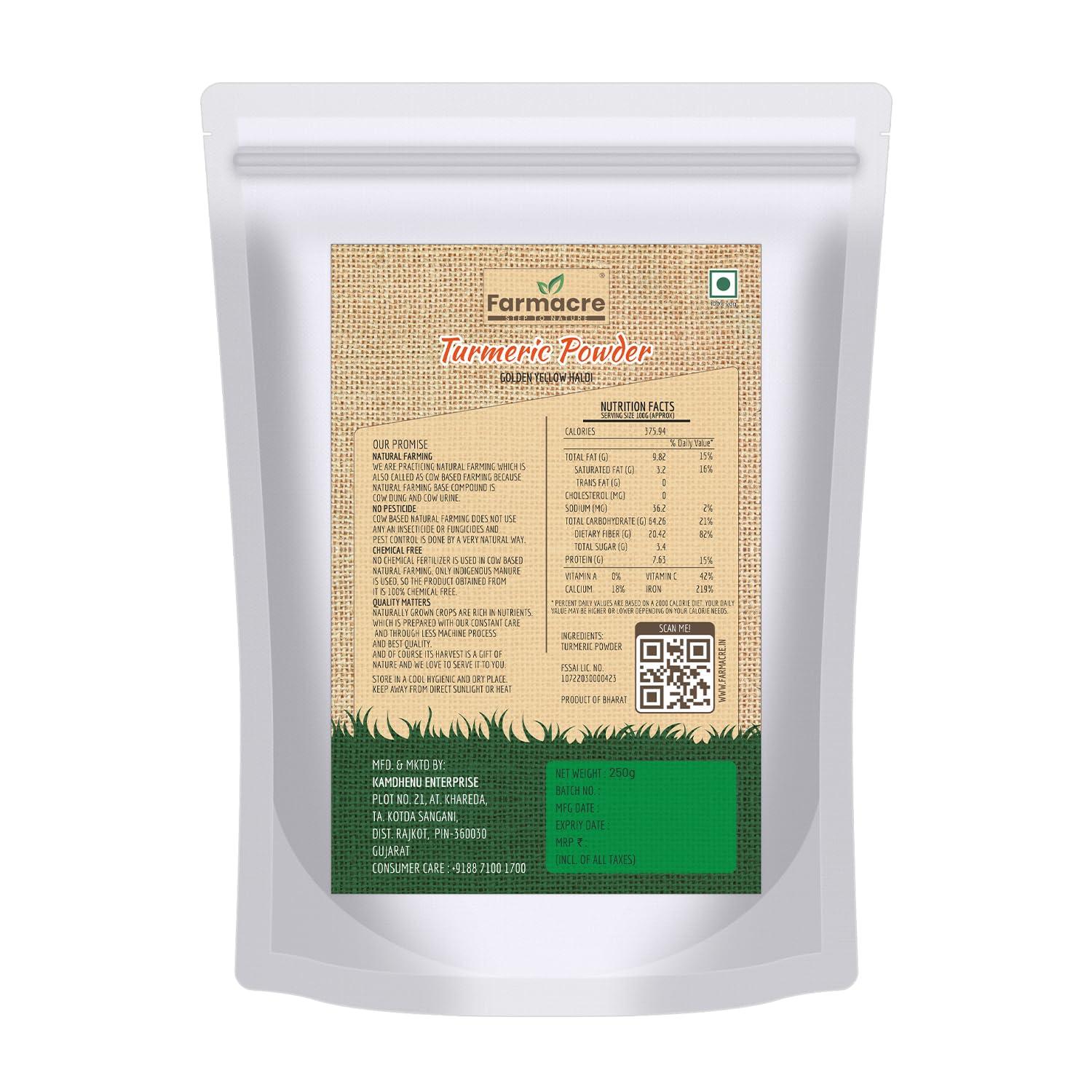 Farmacre With Logo Farmacre Selam Haldi Powder/Turmeric Powder/Natural Haldi Powder - 250 gms Pack | Product Of Cow Based Natural Farming (CBNF) | Product Of Chemicals Free & Pesticides Free (250 gm)
