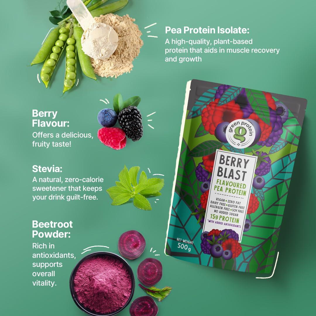 Green Protein GREEN PROTEIN Pea Protein Isolate Powder, Vegan Plant Protein, No Added Sugar, 100% Vegan, Soy Free, Dairy Free, Gluten Free, Allergen Free, Berry Blast Flavor, 15g Protein Per Serving, Pouch (500g)