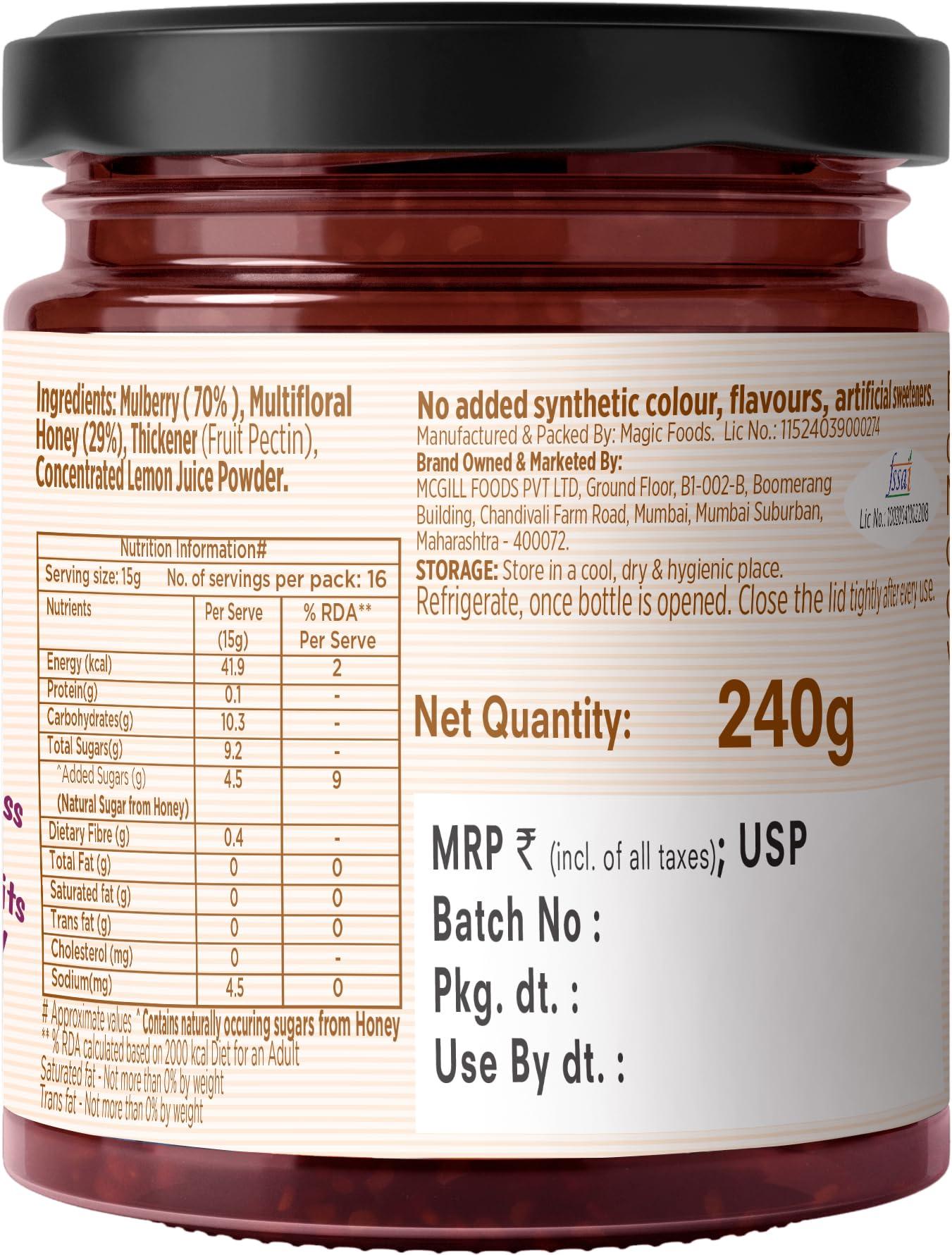 Eatopia Eatopia Mulberry Honey Jam | Sugar Free | 100% Pure & Natural | No Preservatives | No Added Colours & Flavours | 70% Mulberries & 30% Wild Honey | Healthy Good for Gut Health | Pack of 1-240g