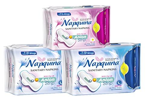 NAPQUINA Napquina Anion Sanitary Pads for Women with Active Oxygen - Organic Rash-Free Ultra-Thin Cotton Soft Negative Ion Pads for Day and Night Use with Wings - (Large 240 mm - 1, X-Large 280 mm - 3)