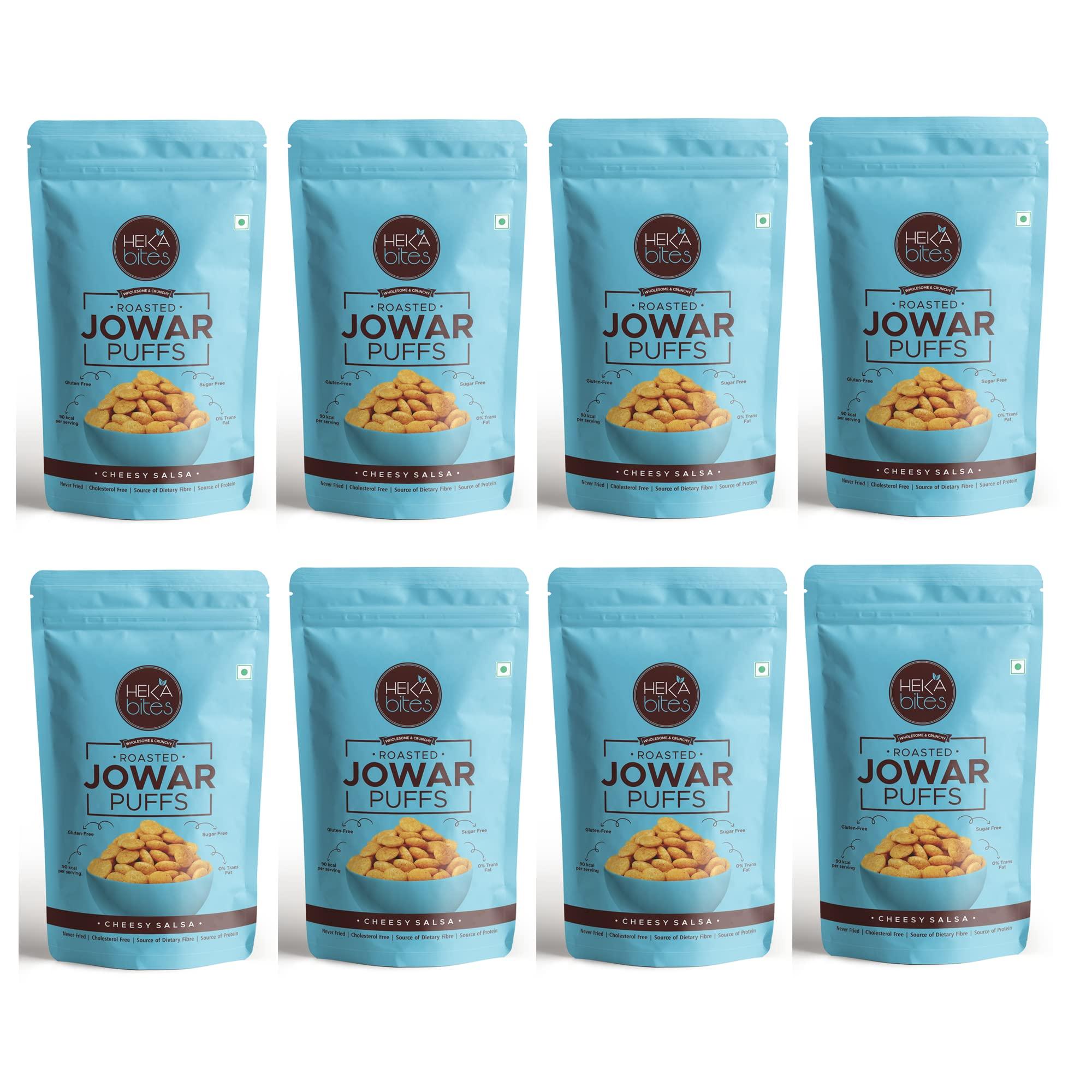 HEKA bites HEKA bites Roasted Jowar Puffs Cheesy Salsa - Pack of 6| 90 Kcal per serving| Made with 80% Jowar| Healthy Snack| Sugar Free| High Protein and Fibre| Cholesterol Free| Gluten Free (30g x 6)