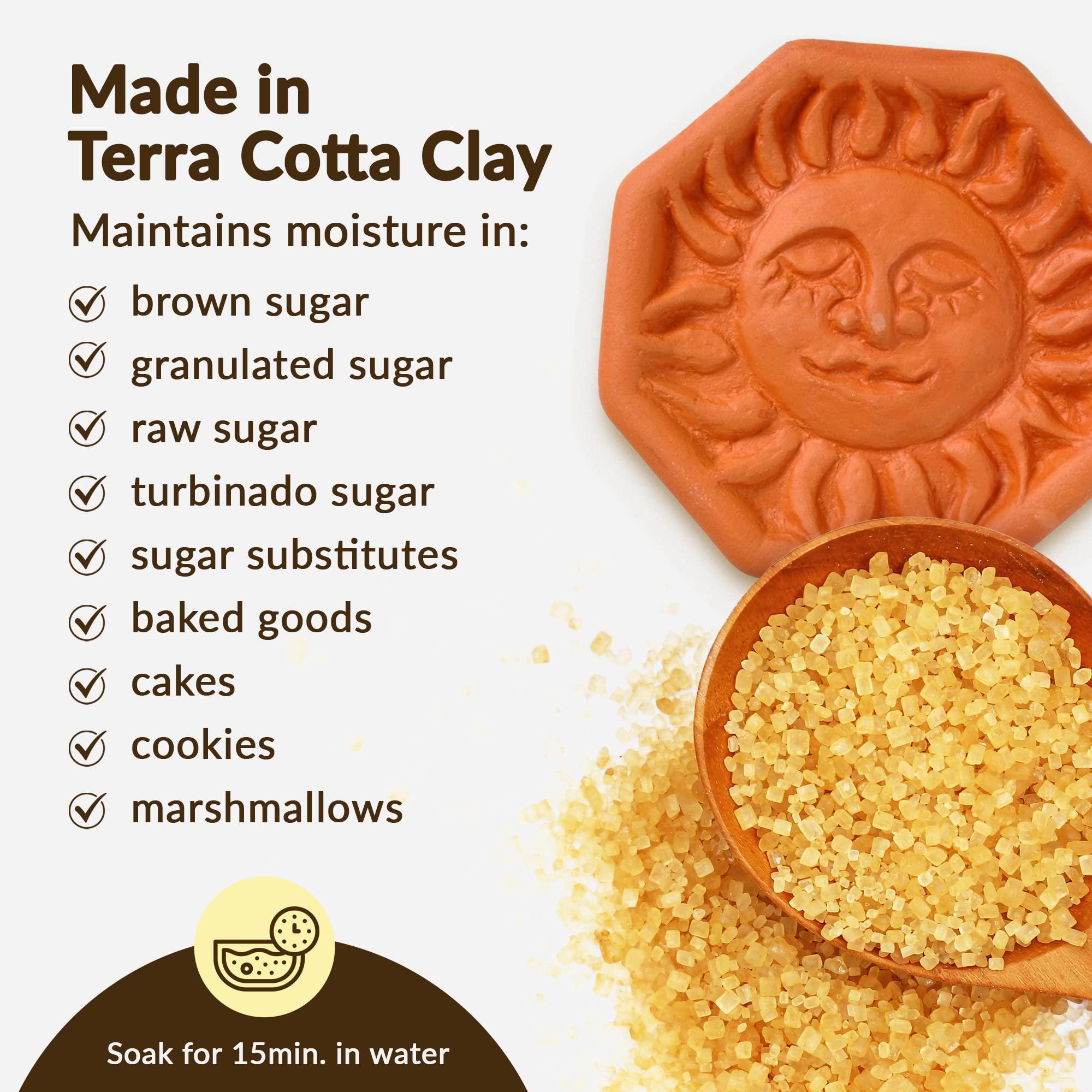 JBK Pottery Terra Cotta Brown Sugar Saver, Food-Safe Sugar Preserver for Long-Term Use, Brown Sugar Softener for Cookies, Dried Fruits, & Marshmallows, Sun Design - JBK Pottery