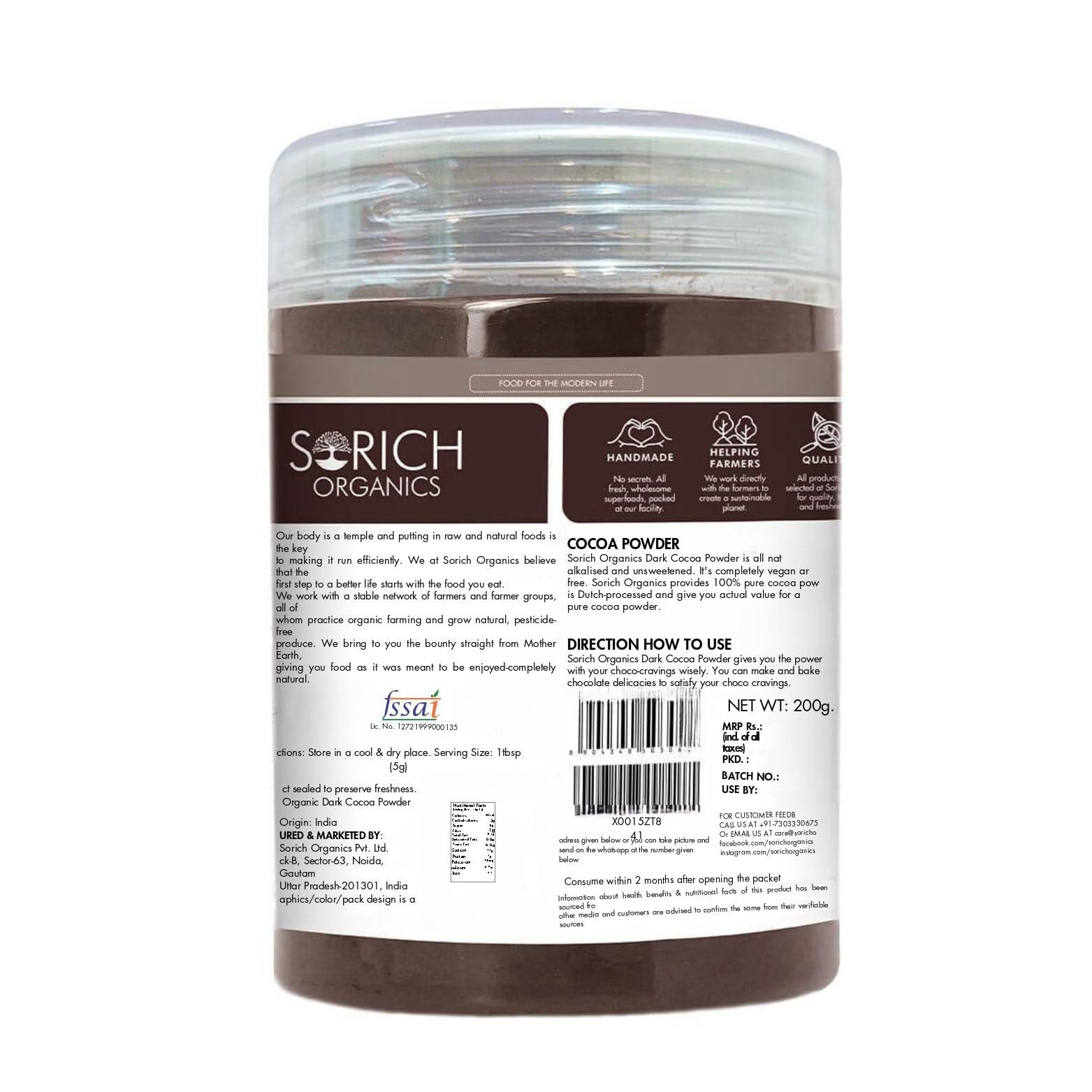 Sorich Organics Sorich Organics Dark Cocoa Drink Powder 225gm | Dark Cocoa Powder for Cake, Chocolates, Cookies, Brownies, Hot/Cold Milk Shakes, Desserts, Bars, Smoothies | Vegan | Gluten Free (Unsweetened)