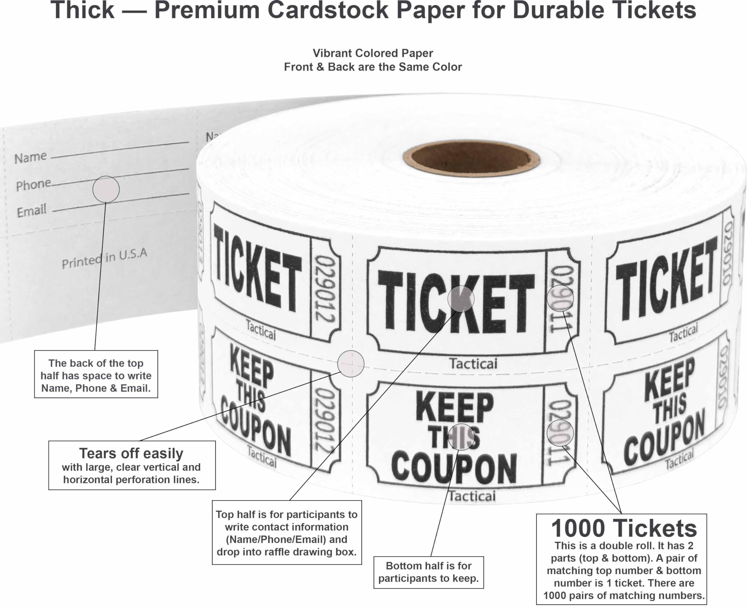 Tacticai Tacticai Raffle Tickets (8 Colors Available) for Events, Entry, Admittance, or Fundraising, Tear Away Tickets, Brightly Colored Paper (Double Roll - 1,000 Tickets - Keep - White) - Made in USA