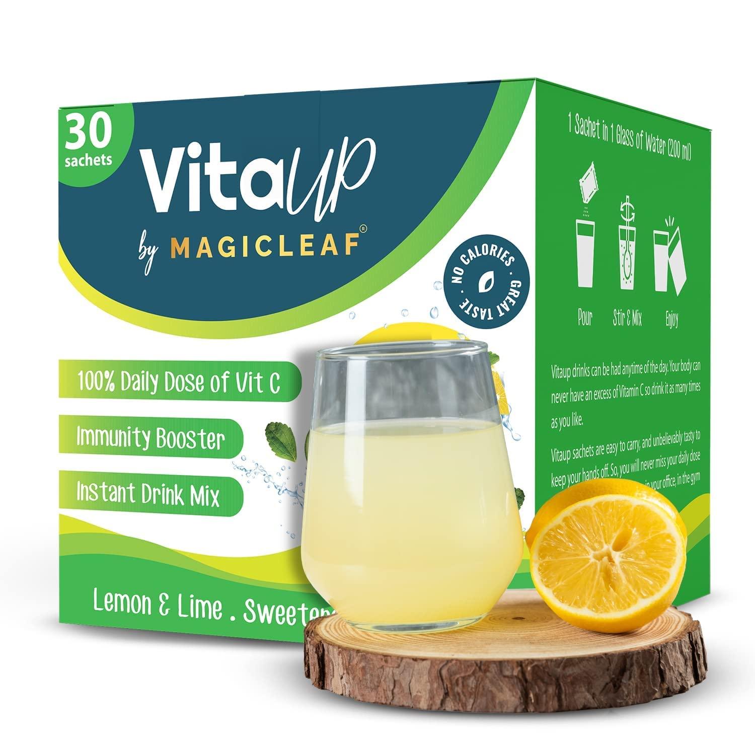 Magic Leaf Magic Leaf Stevia VitaUp to Boost Immunity and Skin Health, Lemon, Vitamin C Powder, 100% Natural Sweetened with Stevia, Safe for Diabetic Patients & Kids, Pack of 2 (30 Sachets Each)