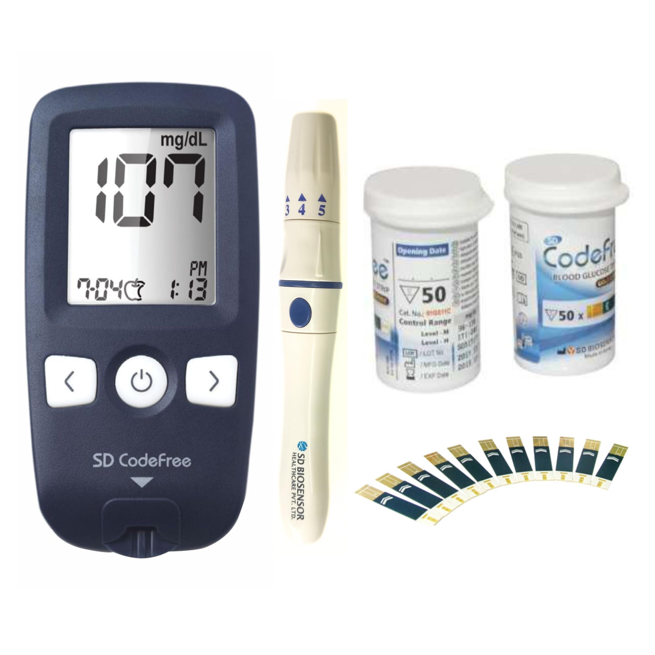 SD Codefree SD Codefree Blood Glucose Meter with 100 test Strips 100 Round Lancet and a Lancing Device - Glucometer (Black)