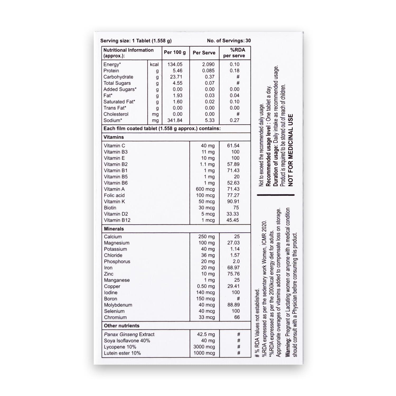 GEOFIT Geofit Multivitamin Tablets for Women with Biotin, Multiminerals and Ginseng Extract | Vitamin C, E & A | Health Supplement for Women | for Energy, Metabolism, Immunity & Stamina- 30 Tablets