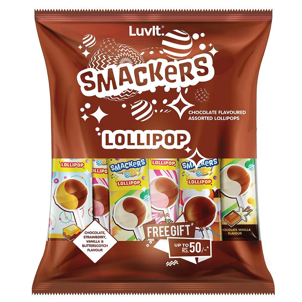 LuvIt LuvIt. Smackers Chocolate Flavoured Lollipops (Chocolate Butterscotch, Chocolate Vanilla, Chocolate Strawberry & Chocolate) | Pack Of 6- 480 Gm Each