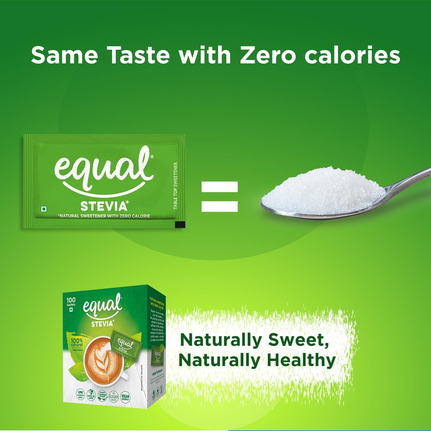 Equal Equal Stevia Natural Sweetener, Sugar Free, 100 Sachet, Pack of 4