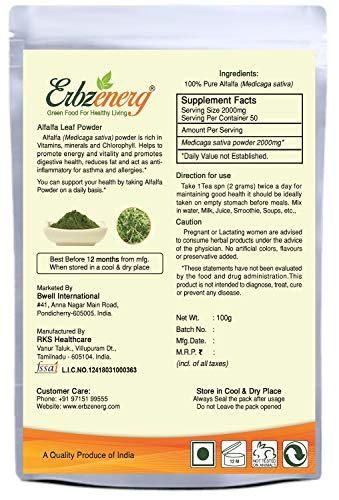 ERBZENERG ERBZENERG? Alfalfa (Medicago sativa) Lucerne/Kuthiraimasal/Grass seeds Powder 100g (Pack of 1)