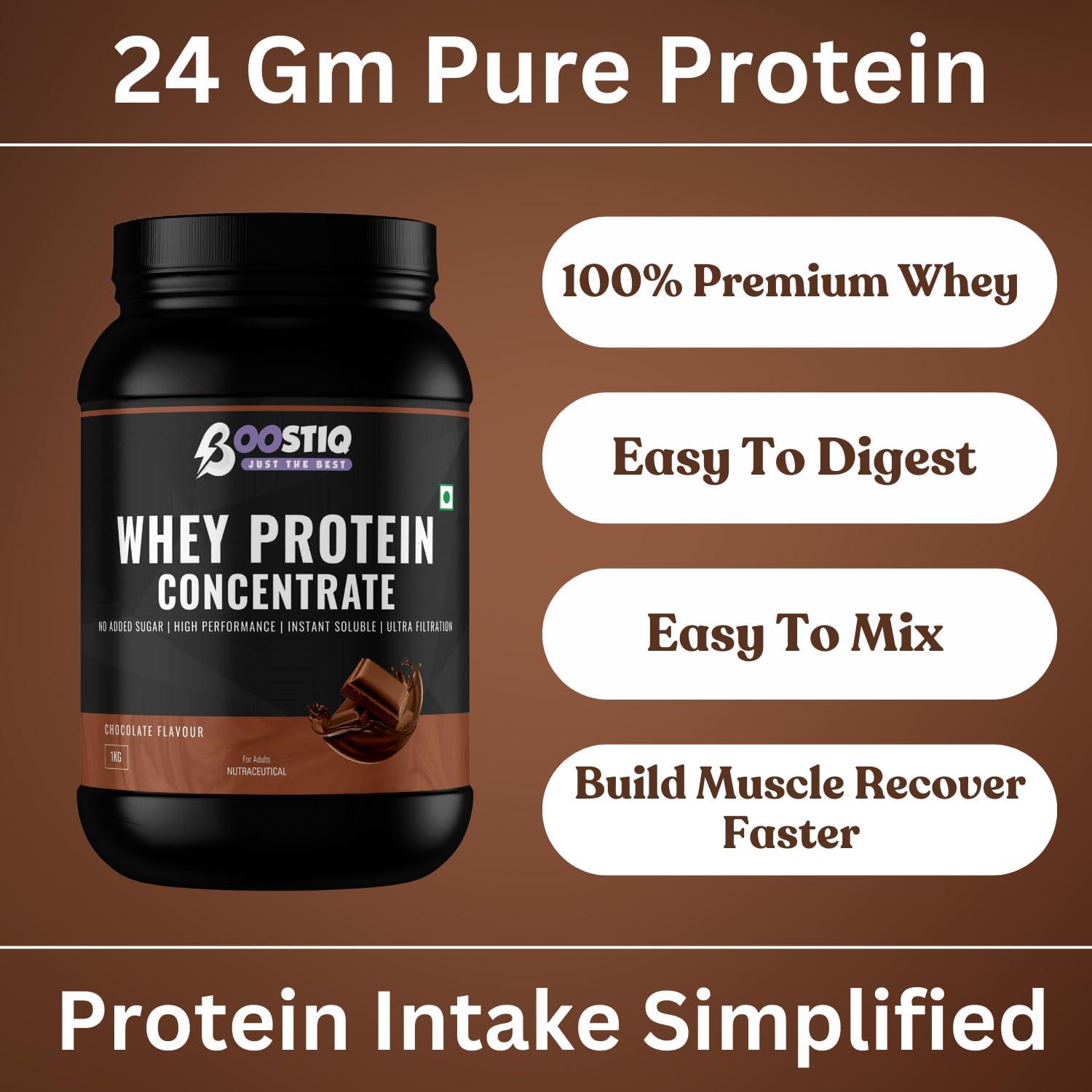BOOSTIQ BOOSTIQ Whey Protein Concentrate 1KG Chocolate (30 Servings) | Fast Absorbing And Easy to Digest 100% Authentic Whey Protein Powder For Women, Men & Athletes | 23.7g Pure Protein Per Scoop (1KG, Chocolate)