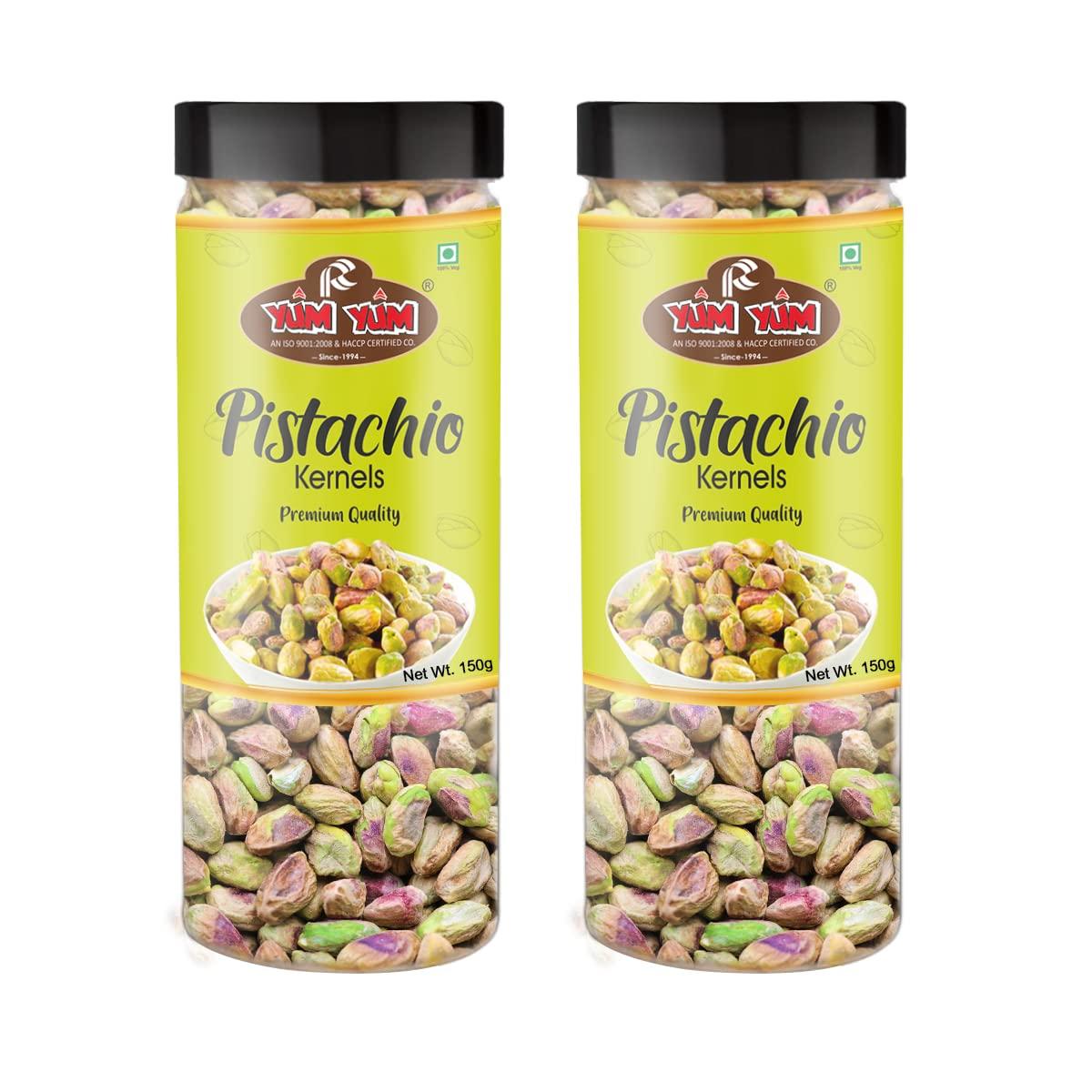 Yum Yum YUM YUM Premium Unsalted Pistachio Kernels 300g (Pack of 2-150 Jar Each) | Super Crunchy & Delicious |Plain Pista | Gluten Free | 100% Natural Dry Fruits | Healthy Evening Snack