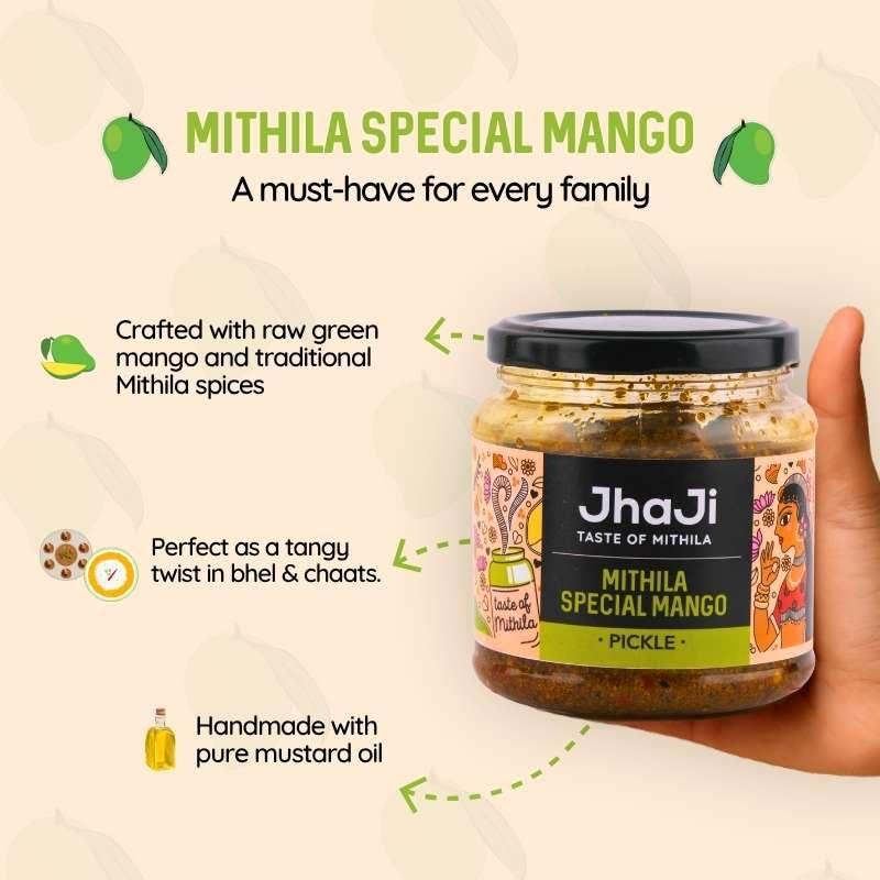 JhaJi - Taste of Mithila JhaJi - Taste of Mithila Special Mango Pickle|Bihari Style Aam Ka Achaar|Tangy & Spicy|Masaledaar & Khatta|1-Inch Mango Pieces|Sun-Dried. No Artificial Preservatives & Colors|Bihari-Style Pickle,250G