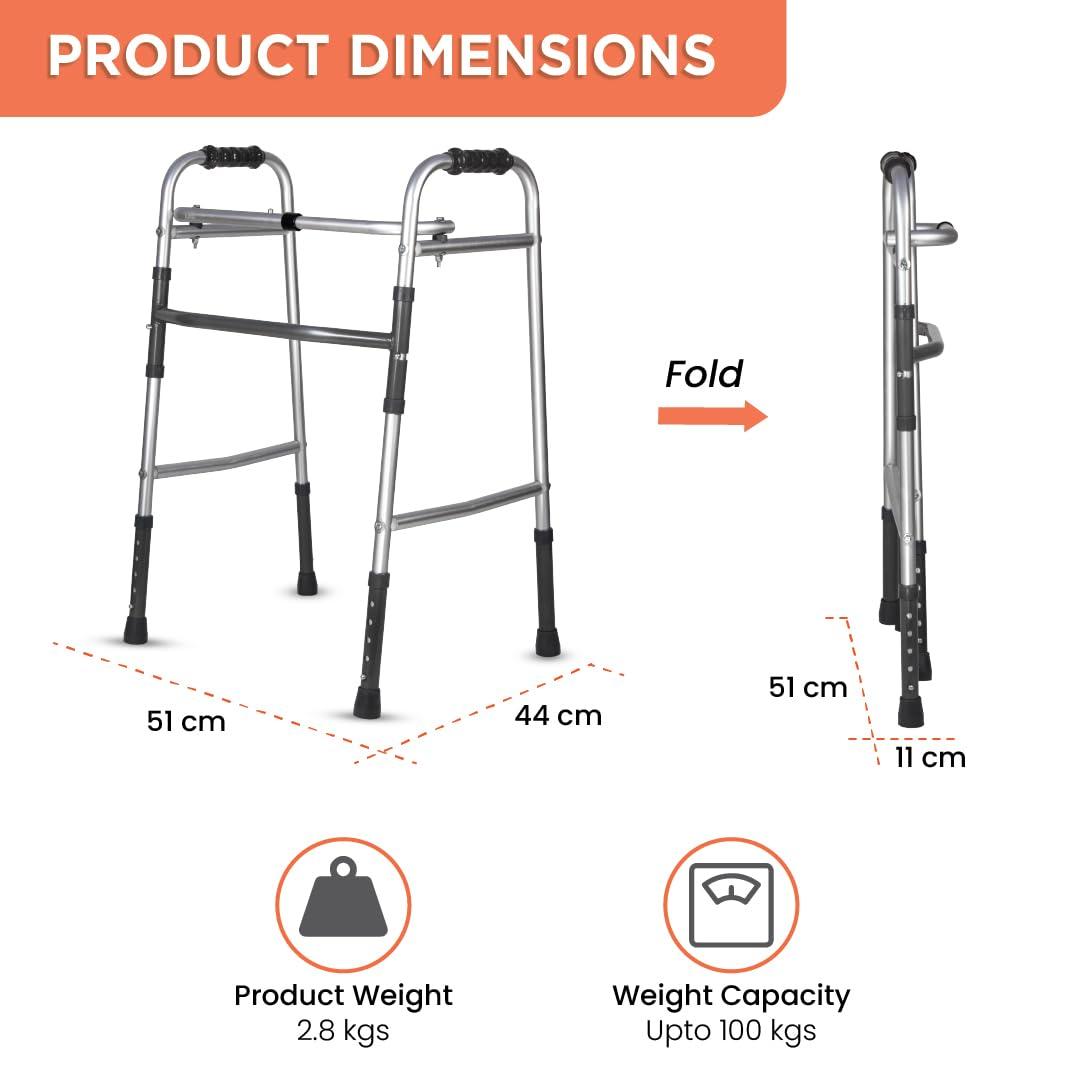 Vissco Vissco Dura Lite, Walker for Elderly and those Physically Challenged, Foldable, Light Weight & Height Adjustable Walking Aid, Made with Premium Grade Rubber Shoes and PVC Grip -Universal (Grey)