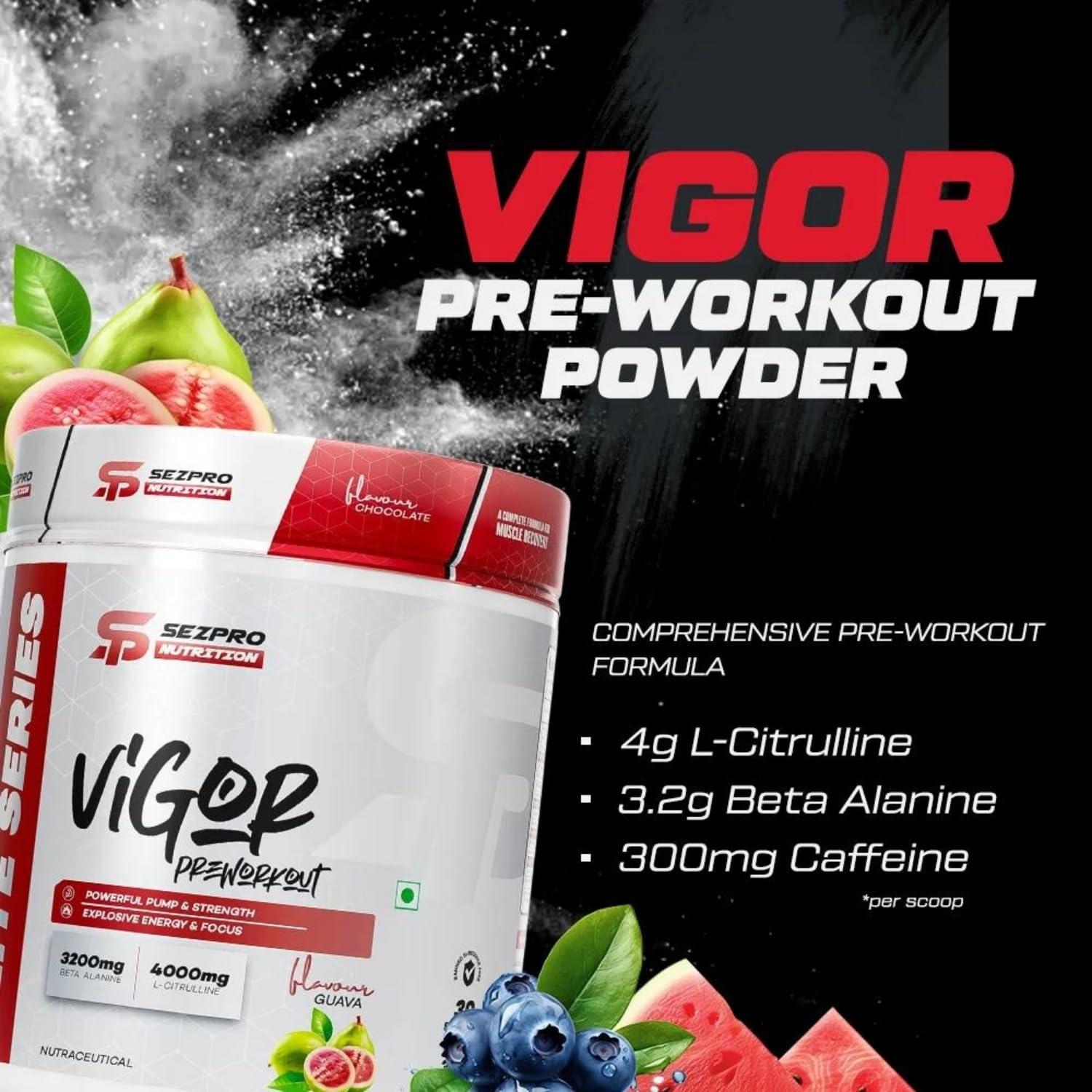 Sezpro Nutrition Sezpro Nutrition Vigor Pre Workout | 300gm | 30 Servings | 300mg Caffeine | 200mg Theanine | 3200mg Beta Alanine | 4000mg Citrulline | Powerful Pump & Strength | Explosive Energy & Focus (Watermelon)
