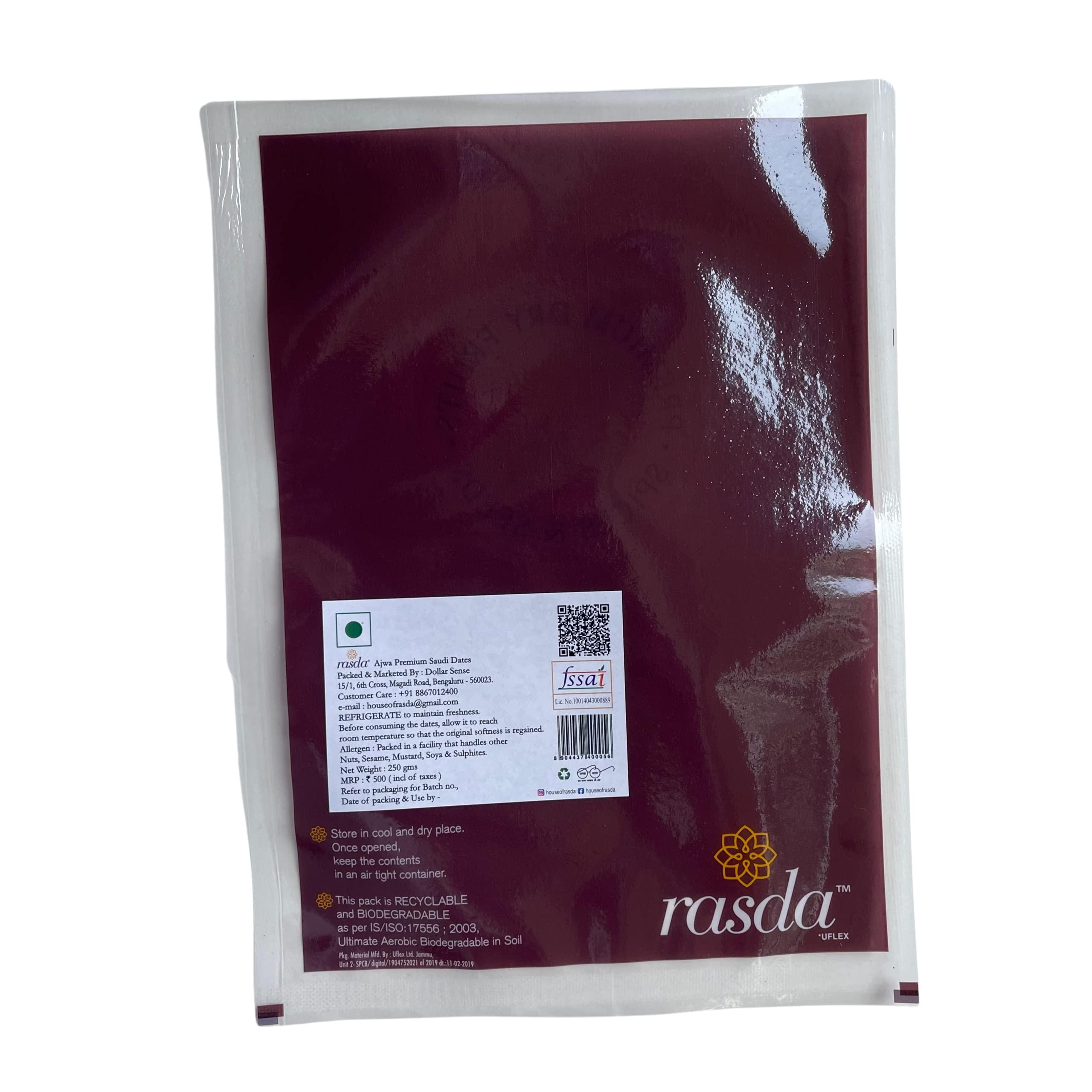 Rasda Rasda Ajwa Premium Saudi Dates 250g, 1 Pack, Khajur, Khajoor, Natural Nutritious Sweetener, Gourmet, Black, Biodegradable Packaging