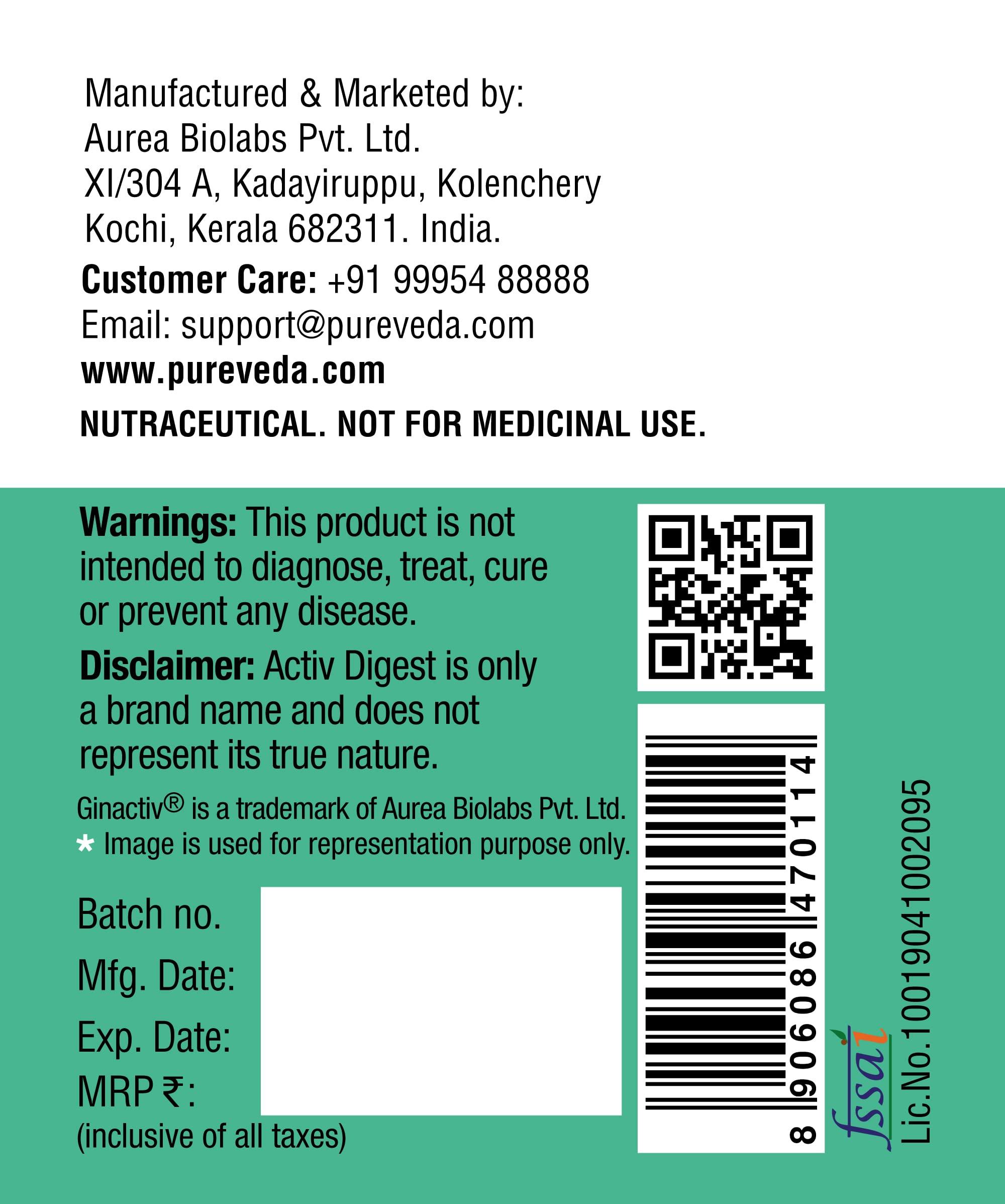 AUREA PUREVEDA Pureveda Activ Digest - Full Spectrum Ginger Extract Capsule - Natural Digestion Supplement - Improve Gastrointestinal Health - 30 Veg Capsules