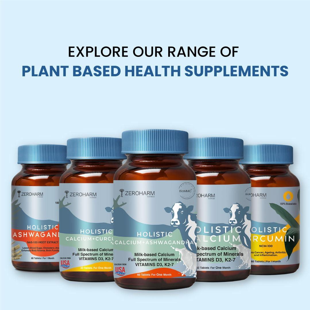 ZEROHARM ZEROHARM Holistic Calcium and Ashwagandha Tablets - For Muscles, Bone and Joint Health - Helps Relieve Stress and Anxiety - 120 Tablets - 700mg