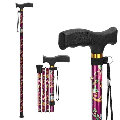 supregear supregear Folding Cane, Lightweight 5-Level Height Adjustable Walking Stick with Wrist Strap and T Handle Travel Cane for Elderly Disabled Men Women Balancing Mobility Aid Portable Cane, Floral Purple