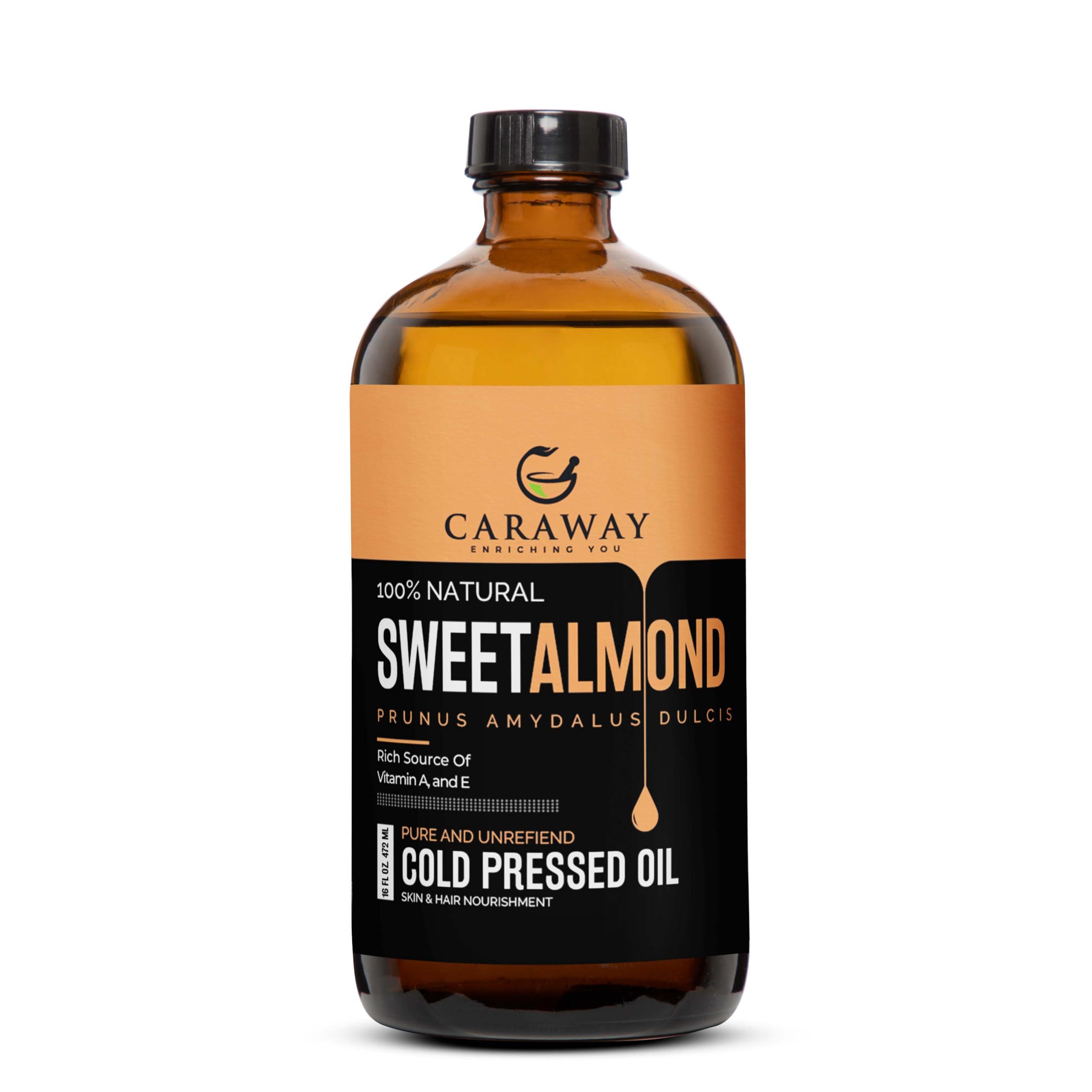 CARAWAY CARAWAY Certified Organic Almond Oil for Face - Cold Pressed Badam Rogan Oil for Baby Massage and Hair Care - Edible Grade - 16 oz / 475 ml