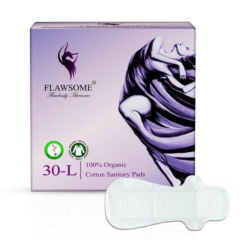 Flawsome Flawsome 100% Organic Sanitary Pads | High Absorption | Cotton Sanitary Pads| With Paper Disposal Pouches | Soft and Rash Free | Toxin-Free | Size - L | Pack of 30