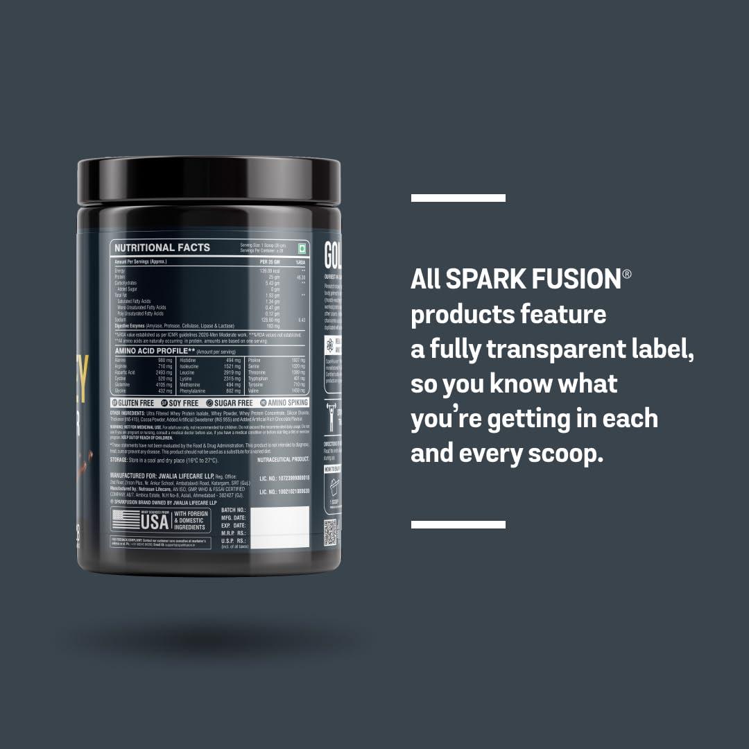 Sparkfusion Sparkfusion Premium Gold Whey Protein Isolate | 26g Protein,6g BCAA per Serving | Easy Mixing, Low Carbs, Easy Digesting | For Muscle Building & Recovery (Rich Chocolate, 1 kg (Pack of 1))