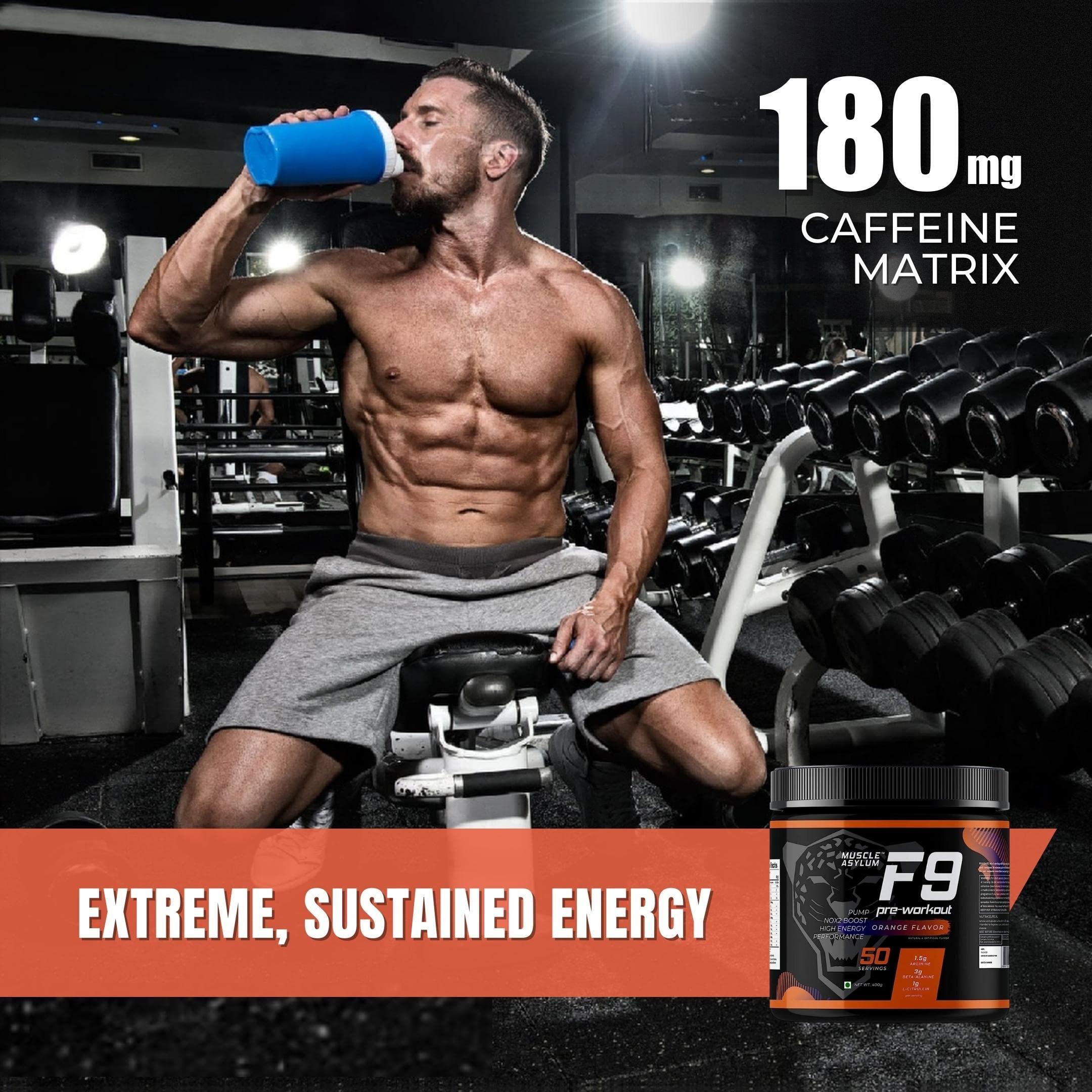Muscle Asylum Muscle Asylum F9 Pre-Workout - 50 Servings, 400gm (Orange Flavor) | Boosts Energy & Endurance | Improves Focus