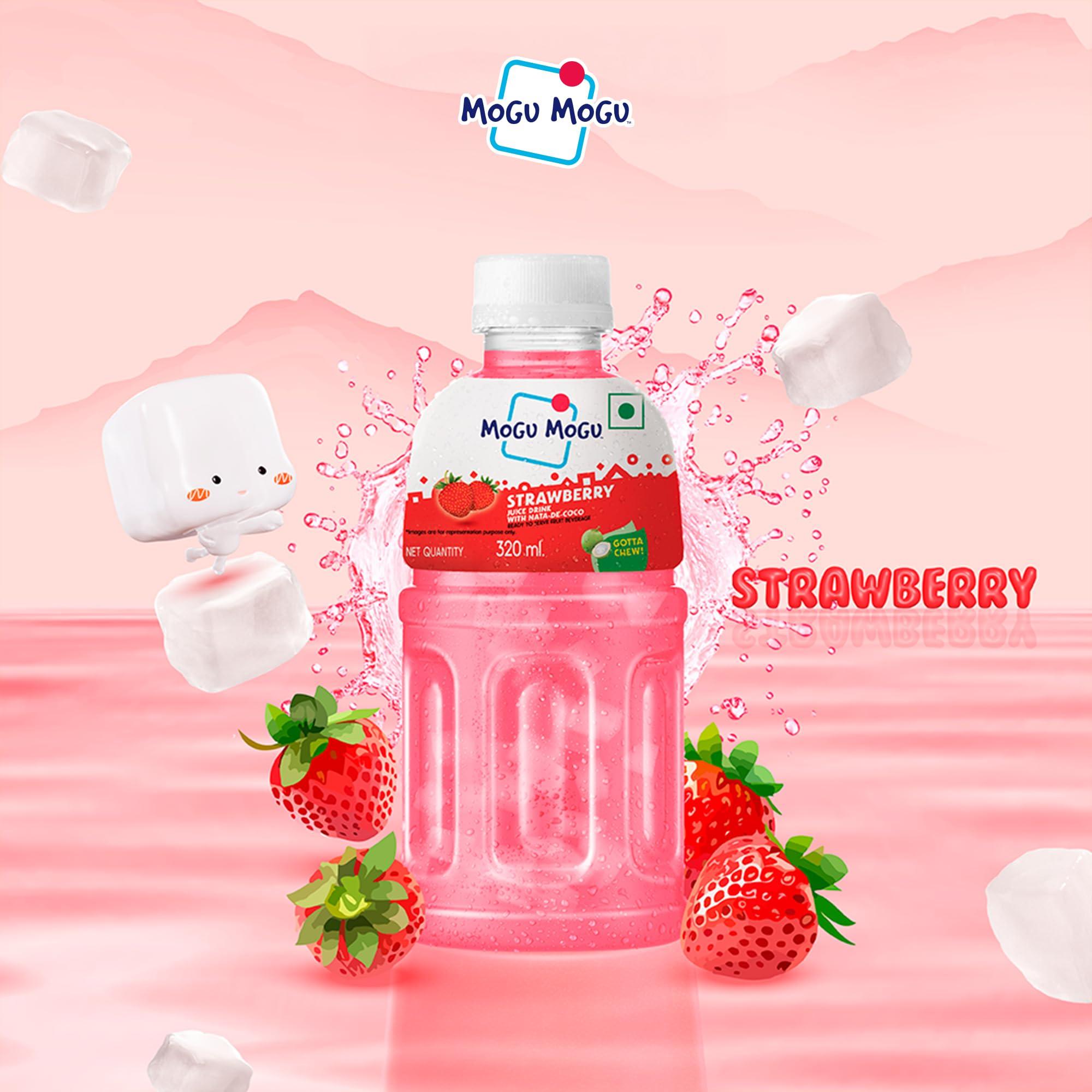 Mogu Mogu Mogu Mogu Strawberry Juice with 25% NATA De Coco | Energy Booster Drink | Full of Fruit Fibres | No Added Preservatives and Colours - (Pack of 18, 300ml Each)