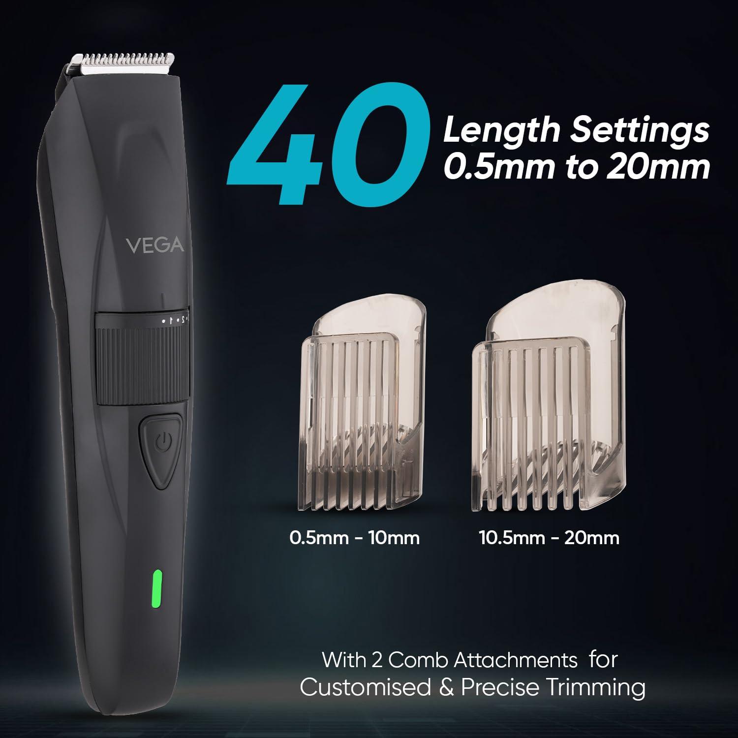 VEGA Vega Trimmer for Men with 90 Mins Runtime, Stainless Steel Blades & 40 Length Settings, 2 Comb Attachment, Cord and Cordless Use, Black, (Power Lite, VHTH-38)