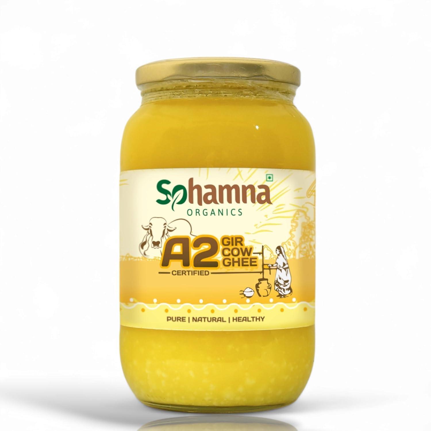 Sohamna Organics Traditional Vedic Ghee Premium A2 Gir Cow Cultured Ghee from Sohamna Organics | Vedic Bilona Two Way Hand Churned | Indian Gir Cow Ghee, Pure A2 Ghee, Natural & Healthy, Non-GMO (1 litre)
