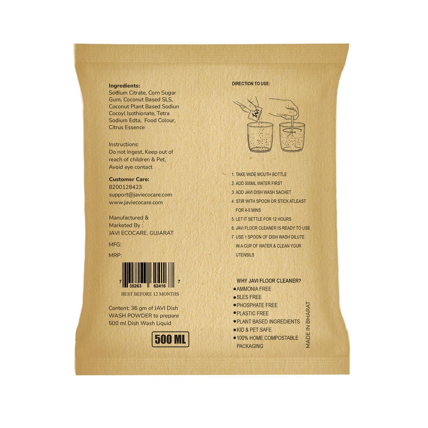 JAVI JAVI Dish Wash Powder to Liquid Refill Pack (10 Sachet = 5 Ltr) | Natural, Plant Based, Non Toxic & Eco-Friendly | Remove tough grease, soft on hands | Baby Safe & Pet safe | Crockery wash