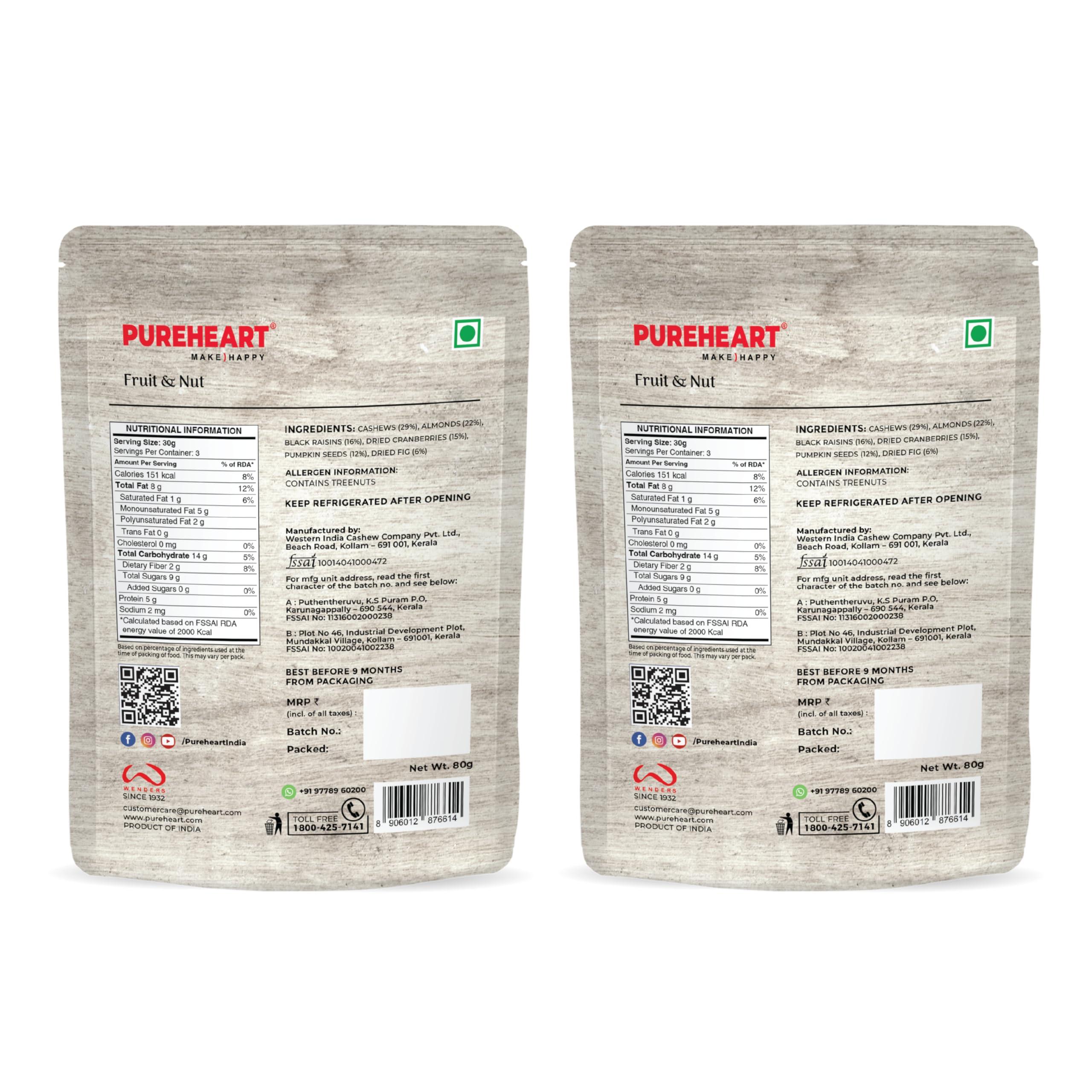 PUREHEART Pureheart Nutmix Fruit & Nuts (80 gm, Pack of 2) Natural Premium Mix Nuts (Cashews, Almonds, Raisins, Cranberries) Delicious & Crunchy Dry Fruits