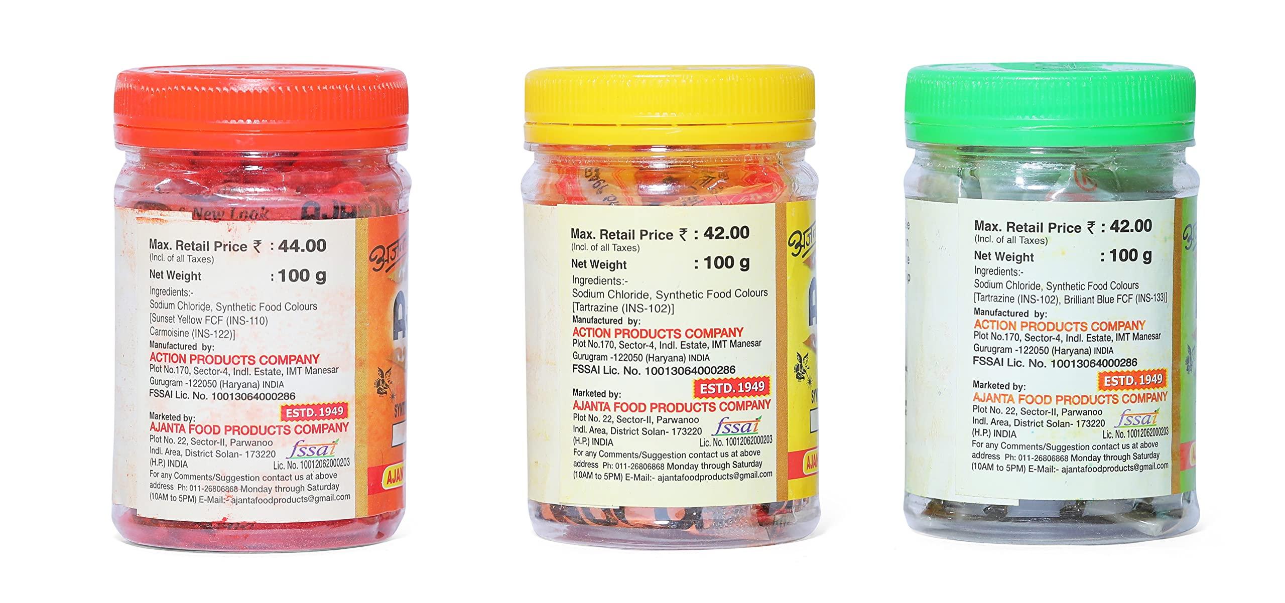 ajanta food products company AJANTA food colour powder combo Orange red, Lemon Yellow & Bright Green (100g each)