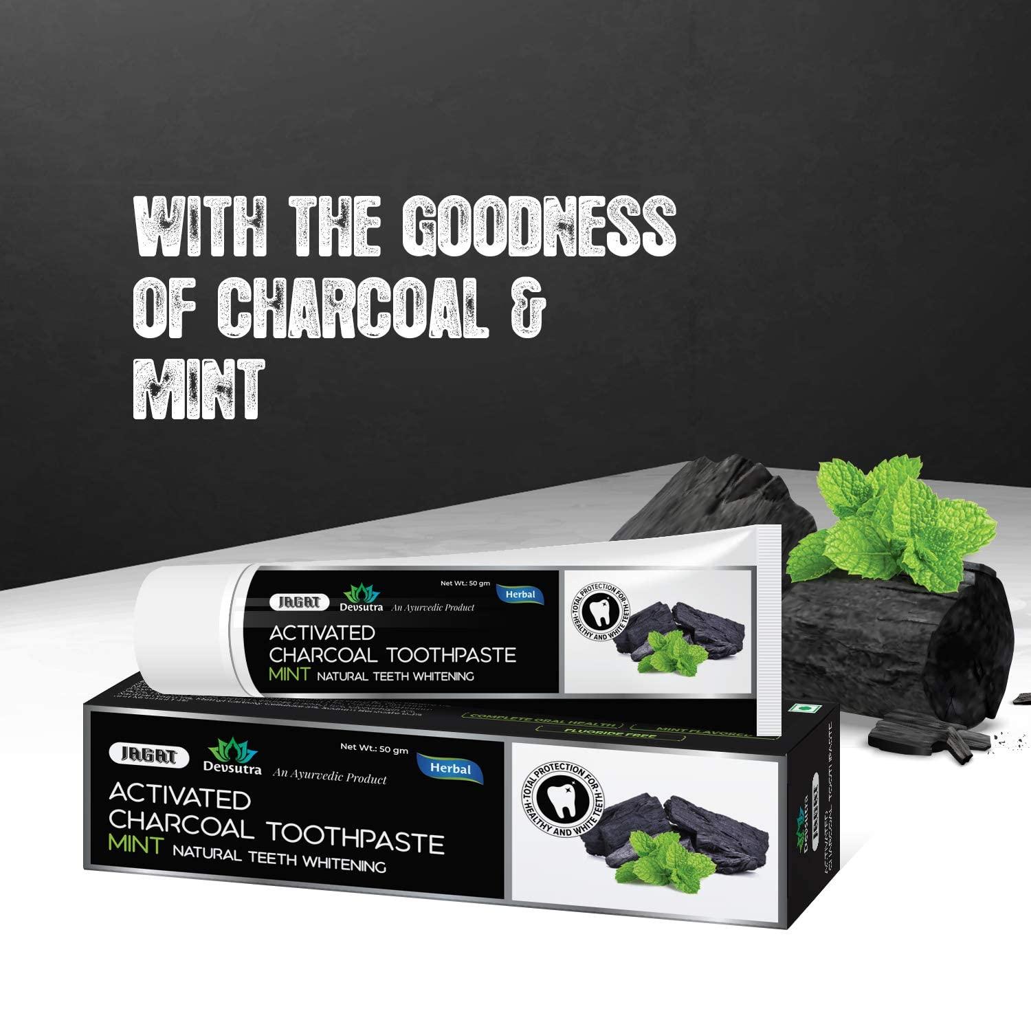 JAGAT Jagat Devsutra Dr. Trusted Ayurvedic HERBAL Activated Charcoal Toothpaste for Teeth Whitening - 100% Natural Formula with Mint Flavour, No Fluoride & Artificial Colours - Pack of 8 (100g x 8)