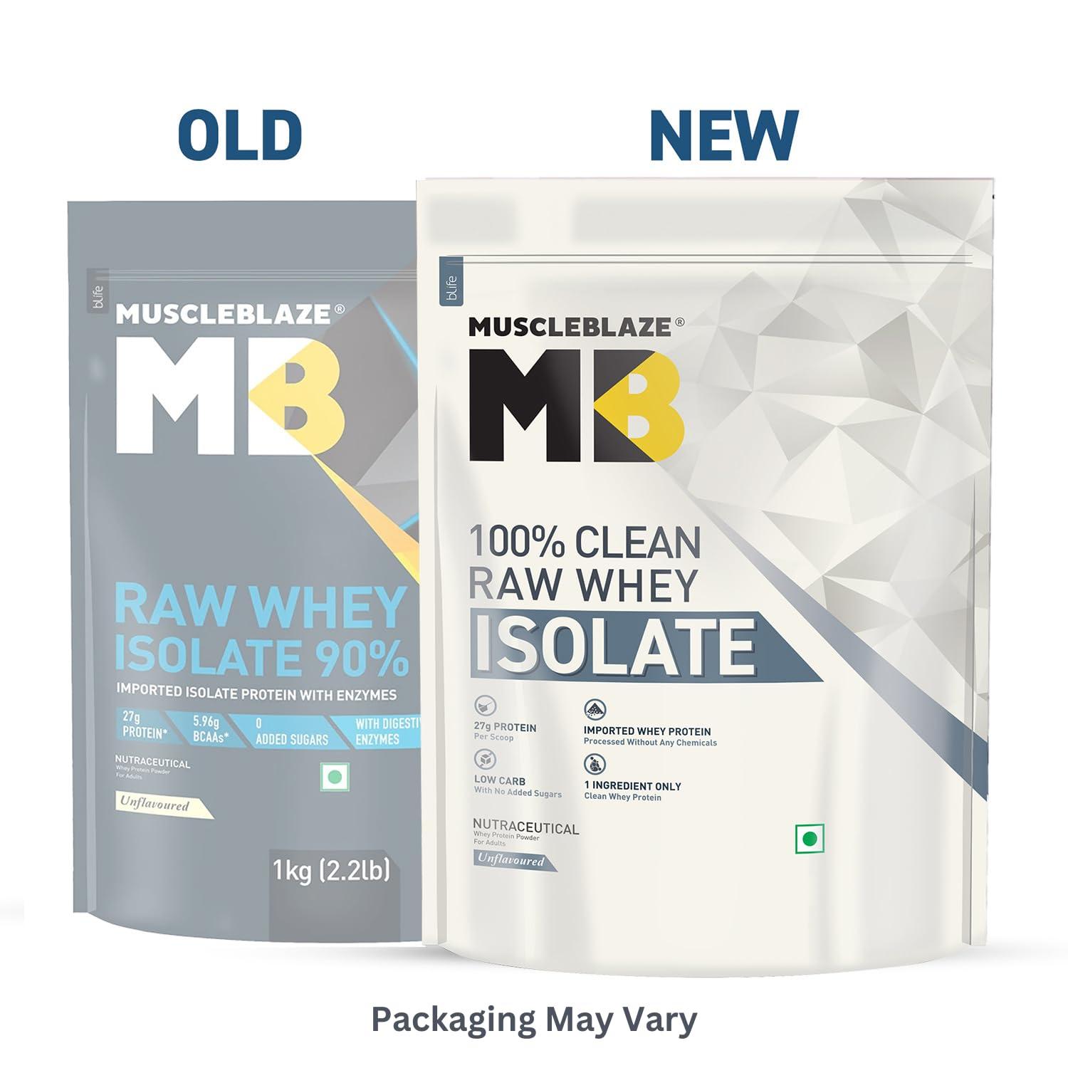 MuscleBlaze MuscleBlaze 100% Clean Raw Whey Protein Isolate (Unflavoured, 1kg) | 27g Protein per Scoop | Easy to Digest