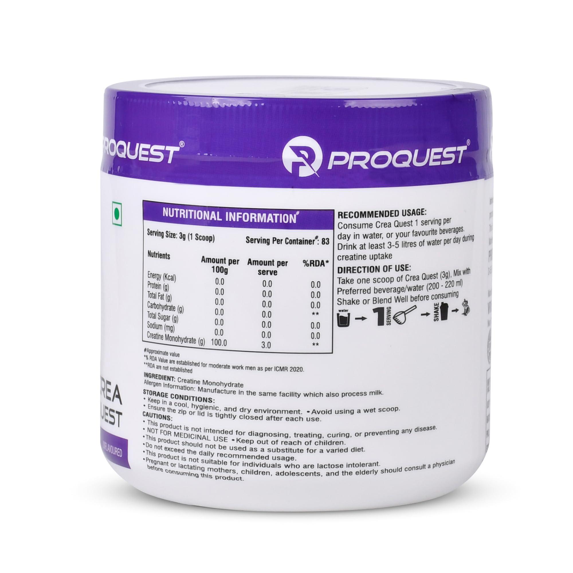 PRO QUEST PRO QUEST CreaQuest - Pure Micronized Creatine Monohydrate (250G, 83 Servings) Unflavoured, Lab Tested & Certified |Rapid Absorption |Enhanced Muscle Strength & Power|Fast Recovery|Powder