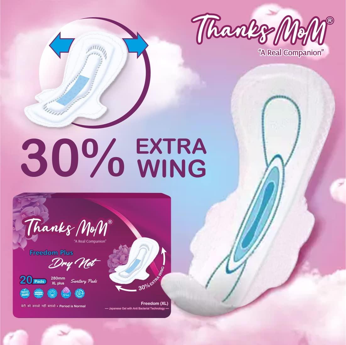 Thanks mom Thanks mom Freedom Plus Dry Net Sanitary Napkin Pads | Extra Wide | Extra Soft with Advanced Leak Protection Sanitary Pad (Pack of 9x20= 180 Pads)