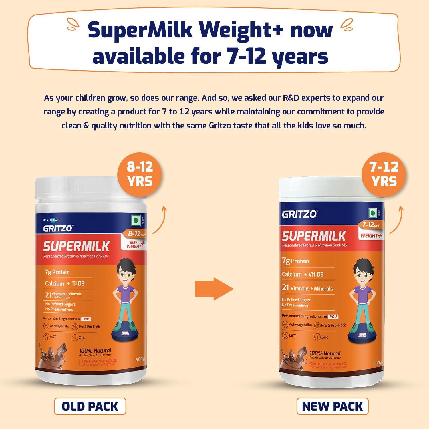 Gritzo Gritzo SuperMilk Weight+ (7-12y), 7g Protein Powder (Double Chocolate, 400g) | Zero Refined Sugar, 21 Vitamins & Minerals