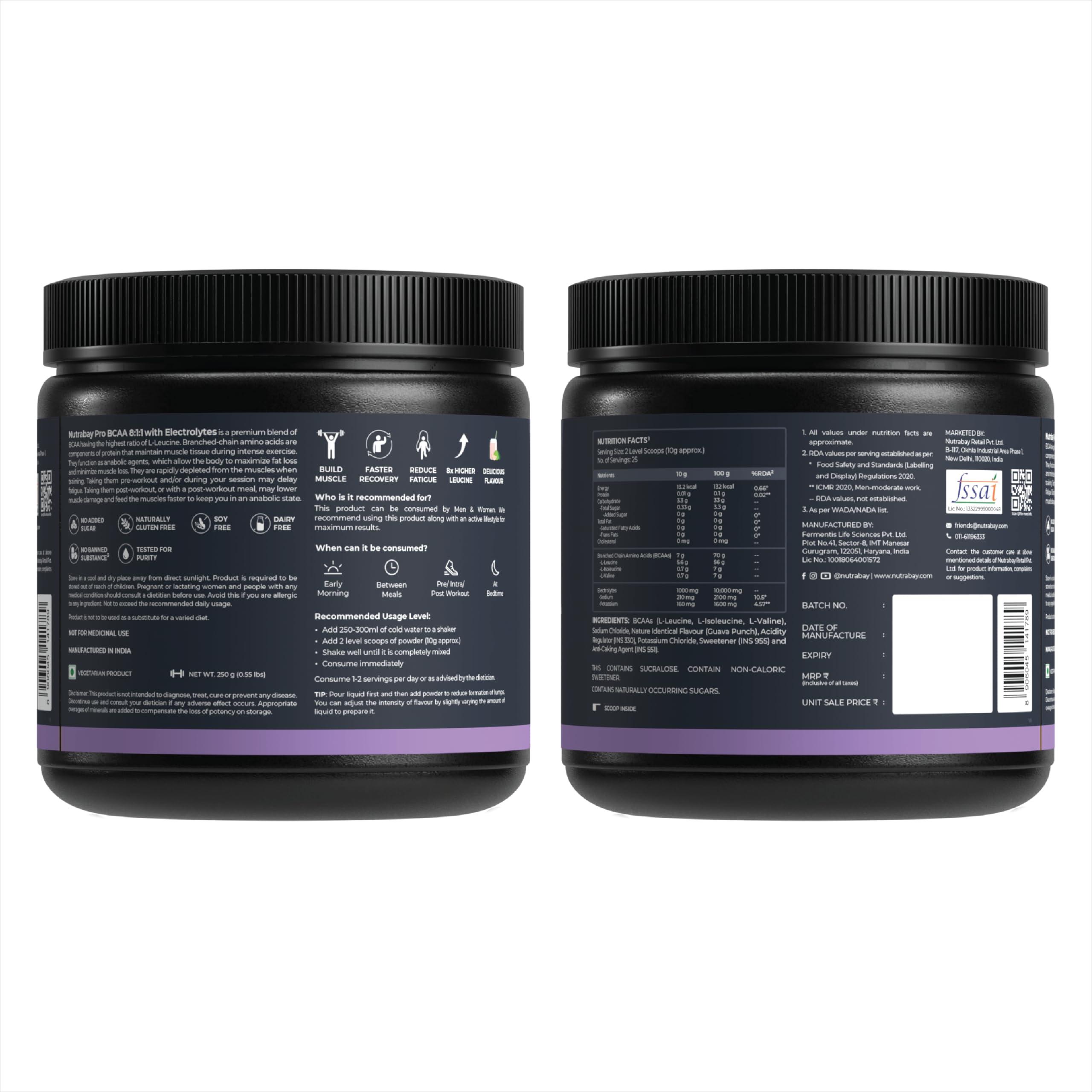 Nutrabay Nutrabay PRO BCAA 8:1:1 with Electrolytes - 7g Vegan BCAAs, 1000 mg Electrolytes - Intra/Post Workout Energy Drink - 250g Guava Punch