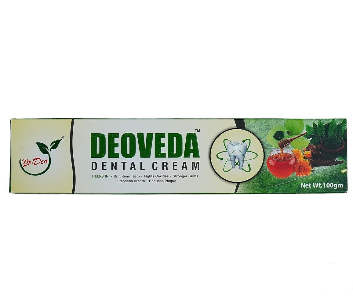 Dr. Deo DEOVEDA Dental Cream helps in brightness teeth fights cavities stronger gums freshens breath reduces plaque net weight 100grms