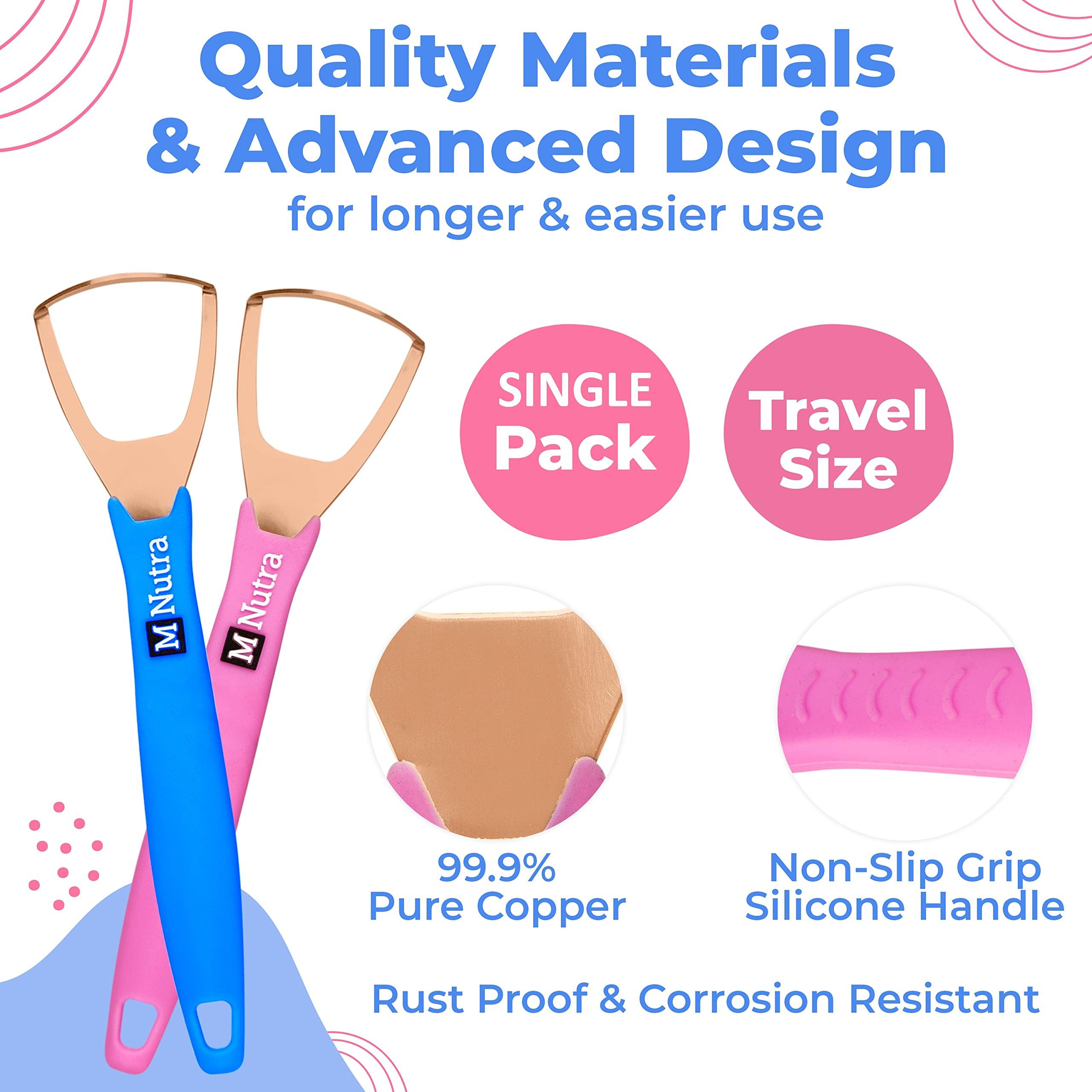 M Nutra Tongue Scraper - Dental Hygiene Tool, Stainless Steel - Copper Mouth Cleaner Non-Slip Silicone Handle - Helps Fight Bad Breath - Professional Oral Care Accessories 2-Pack (Blue Copper 1 Piece)