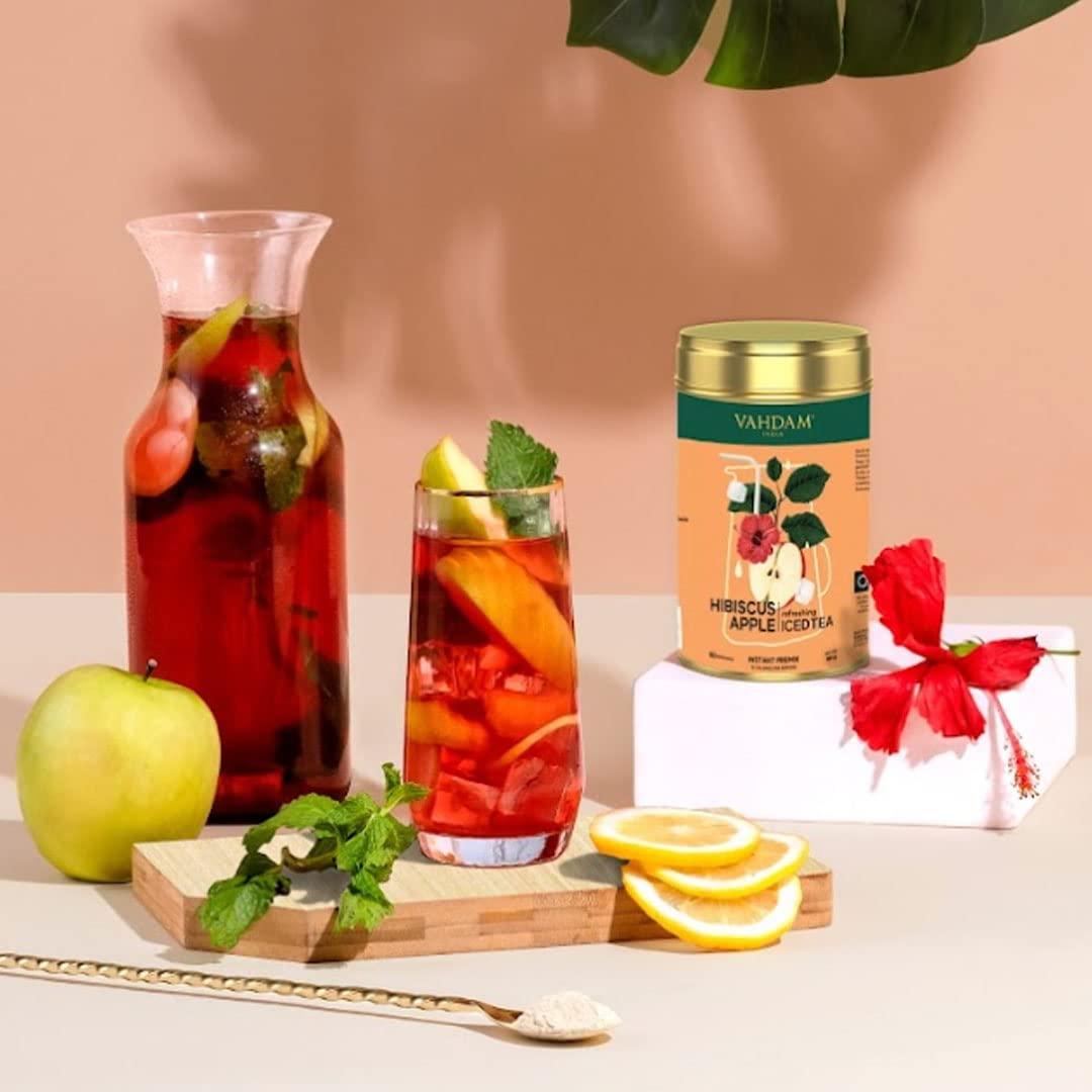 VAHDAM Hibiscus Apple Iced Tea Instant Premix (150g/5.29oz) 60 Servings | Lightly Sweetened Iced Tea | Tarty Hibiscus & Sweet Apple | Best for Mocktails & Cocktails | Packed in Tin Caddy | VAHDAM
