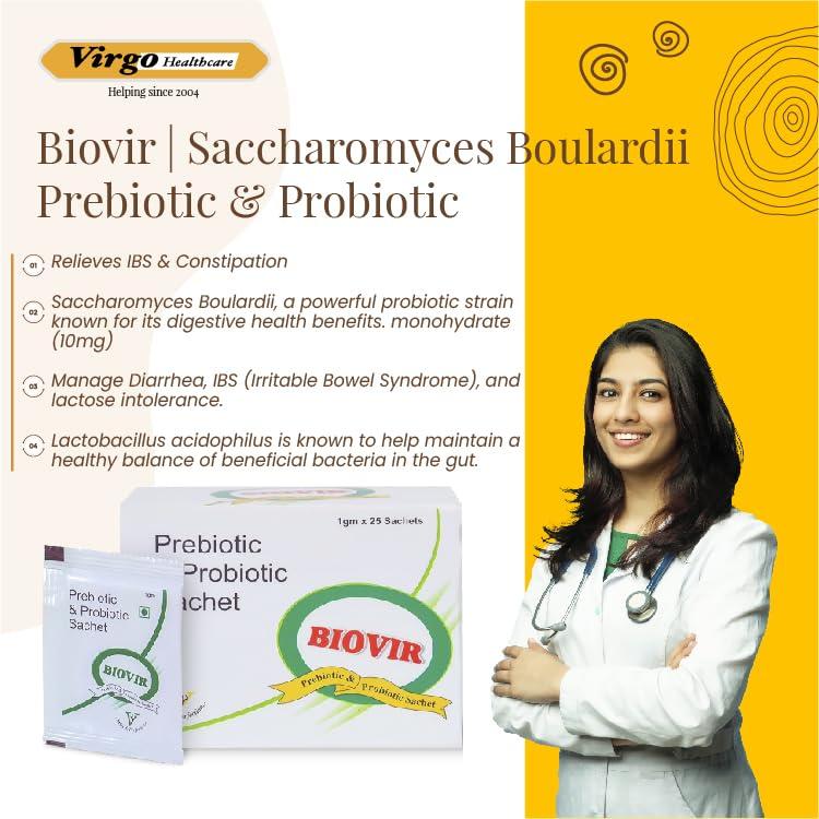 Virgo Healthcare Virgo Healthcare\'s Biovir - 25 Sachets | Saccharomyces Boulardii Prebiotic & Probiotic | Diarrhea | IBS | Lactose Intolerance