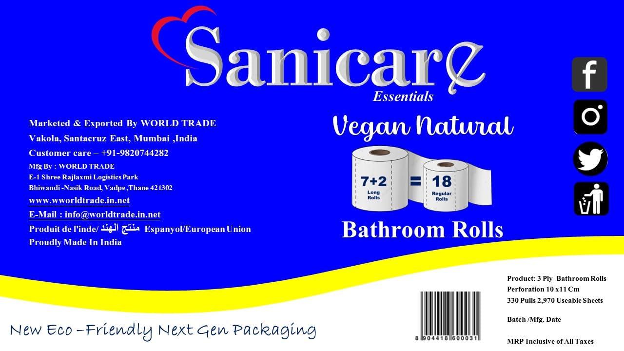 Sanicare Essentials Sanicare Toilet Paper 3 Ply VEGAN 7+2 (9 XXL Size Rolls Pack) American Size Rolls With 330 Pulls Per Roll (2970 Pulls Per Pack)