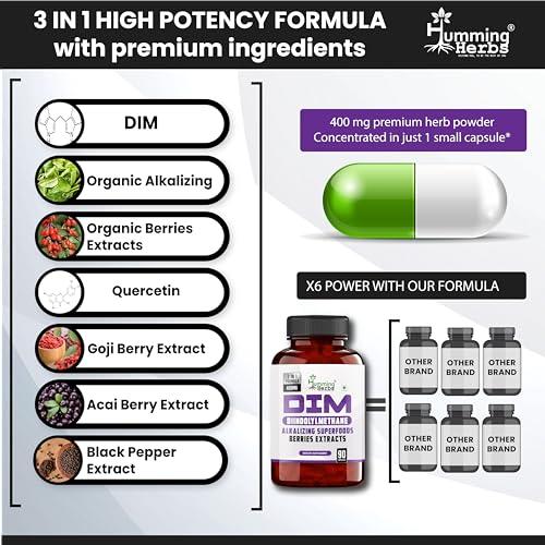 Humming Herbs Humming Herbs DIM - Diindolylmethane - 3 in 1 Formula - Organic Alkalizing/Superfood Extracts Spirulina,Berries Blend, Black Pepper Extract - 90 cap