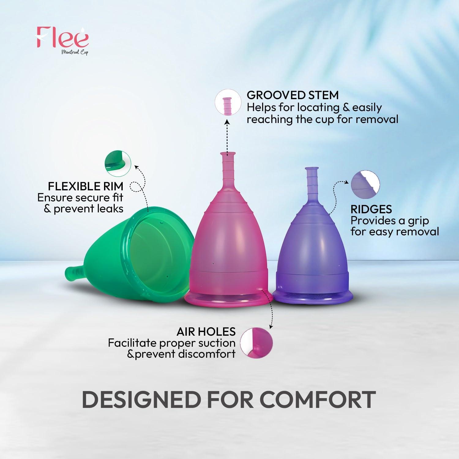 Flee Menstrual Cup Bluefin Flee Reusable Menstrual Cup for Women - Small | Medium | Large Size With Pouch | Clean your Period Cup Effortlessly | Silicone Body, Odour And Rash Free, No Leak (PURPLE, MEDIUM)