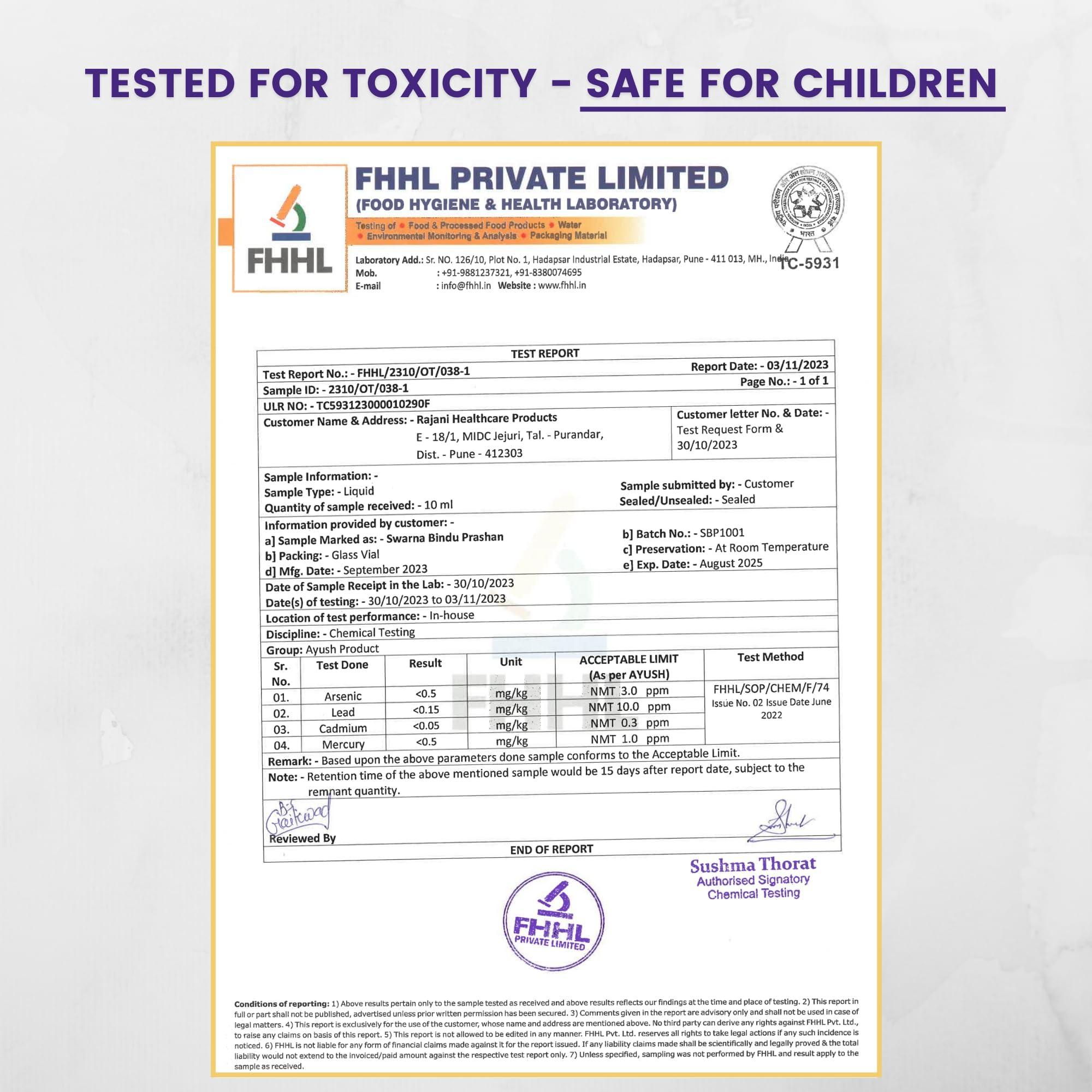 SIDDHA AYURVED Siddha Ayurved Swarn Bindu Prashan - Swarnaprashan for Kids with Pure 24CT Gold Ash - Swarna Bhasm (0.6% / 90 Mg) / GMP certified & AYUSH approved / 15 ML/PACK OF 3/300+ Drops