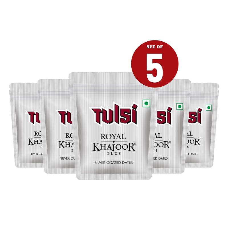 Tulsi Royal Khajoor Plus Tulsi Royal Khajoor Plus | Pack of 5 (13g x 5) | Silver Coated Khajoor | Dates | Mint Mouthfreshner | Zipper Pack