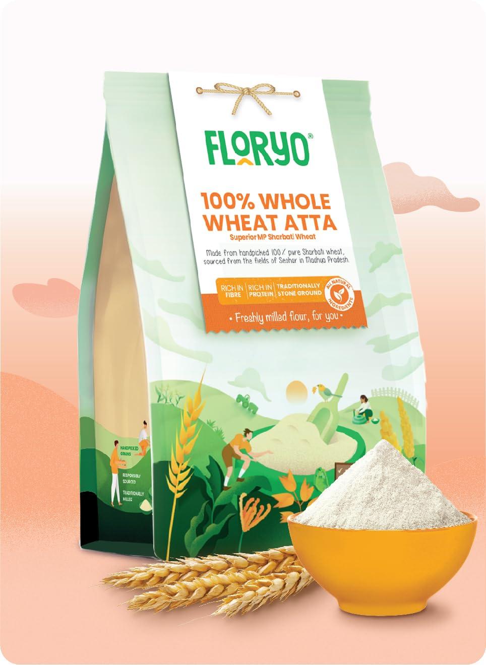 Floryo Floryo 100% Whole Wheat Atta (Superior MP Sharbati Wheat) | Coarse Texture | High Fibre | Freshly Milled After Order | Stone Grounded | 0% Maida | No Preservatives | 1Kg